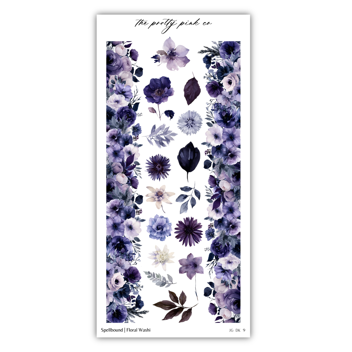 The image is a collage of various purple and blue floral elements, including flowers, leaves, and other botanical details. The collage is framed by two vertical borders, creating a visually appealing and harmonious composition.