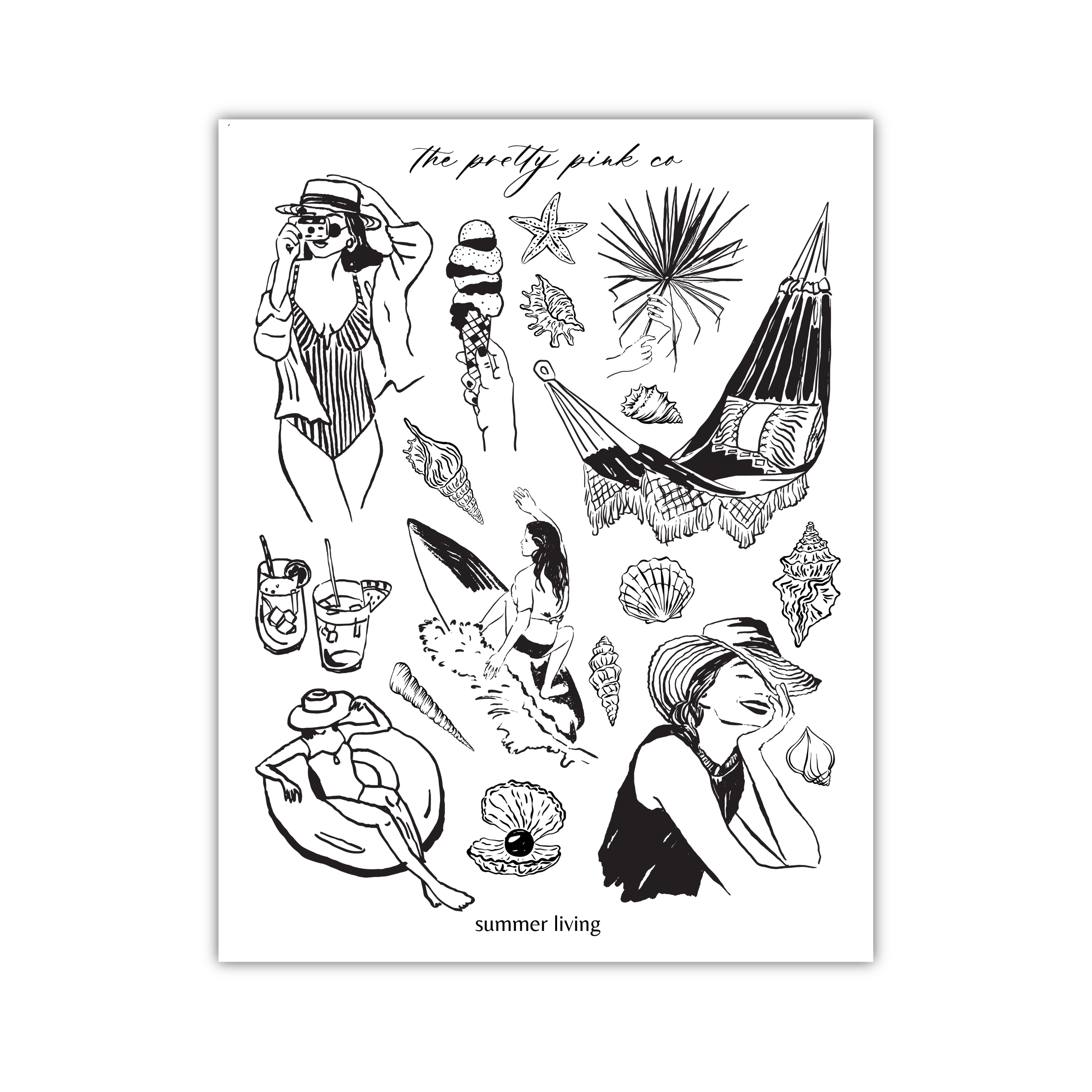 The image is a black and white illustration featuring various summer-themed elements such as a woman in a swimsuit, a hammock, a surfboard, a shell, and a parasol.