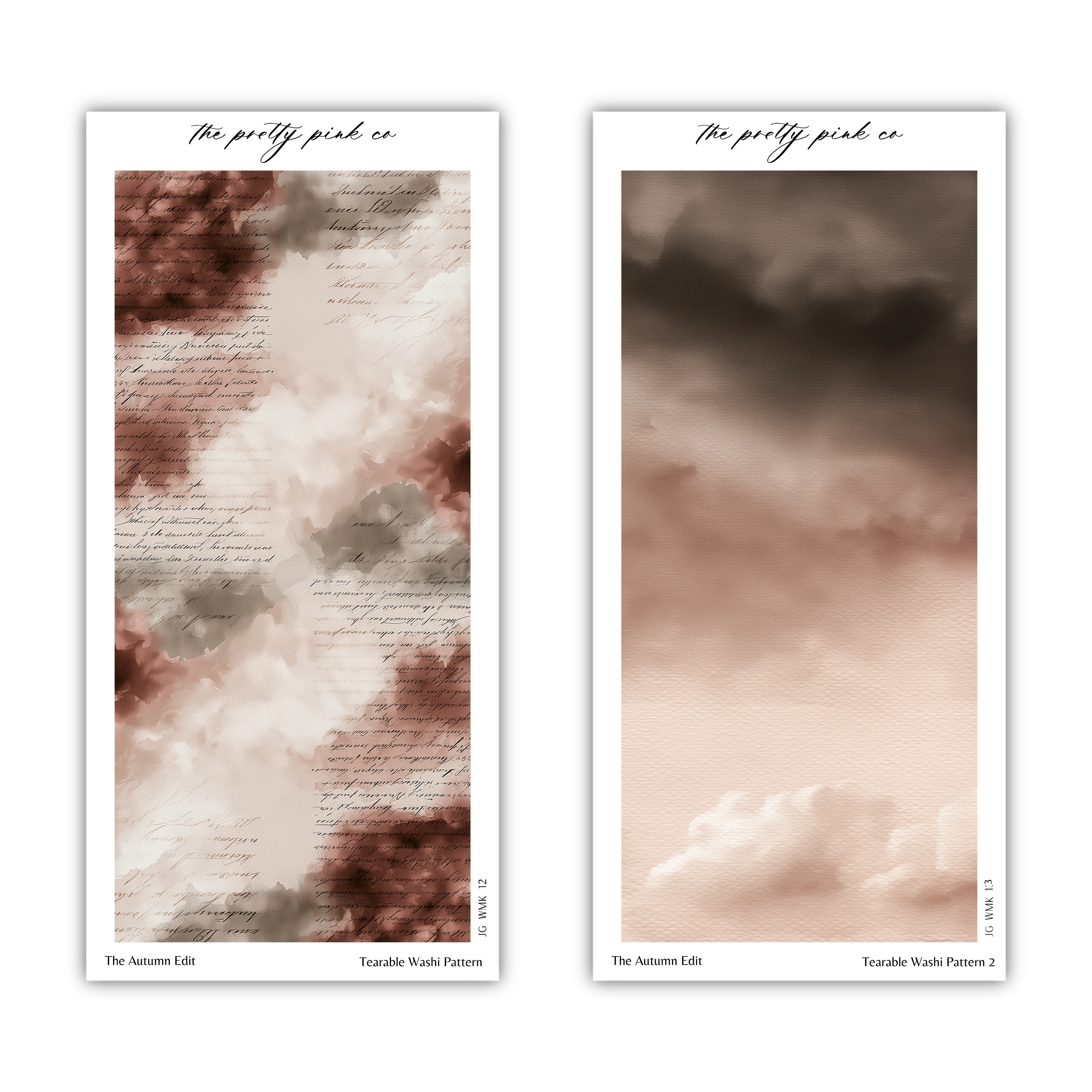 two abstract artworks with different color schemes and patterns. The left artwork features a dark, moody color palette with a textured, cloud-like pattern, while the right artwork has a lighter, more serene color palette with a smooth, cloud-like pattern. The artworks are titled "The pretty pink co" and "The autumn edit" respectively, suggesting they are part of a series or collection.
