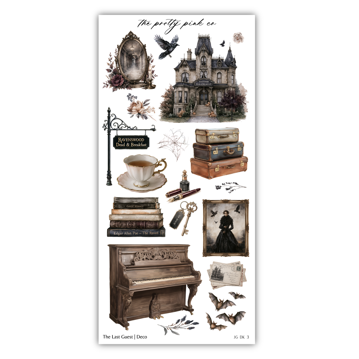 The image is a collage of various vintage-style items, including a castle, a piano, a cup, a suitcase, books, and bats, all arranged in a visually appealing manner.