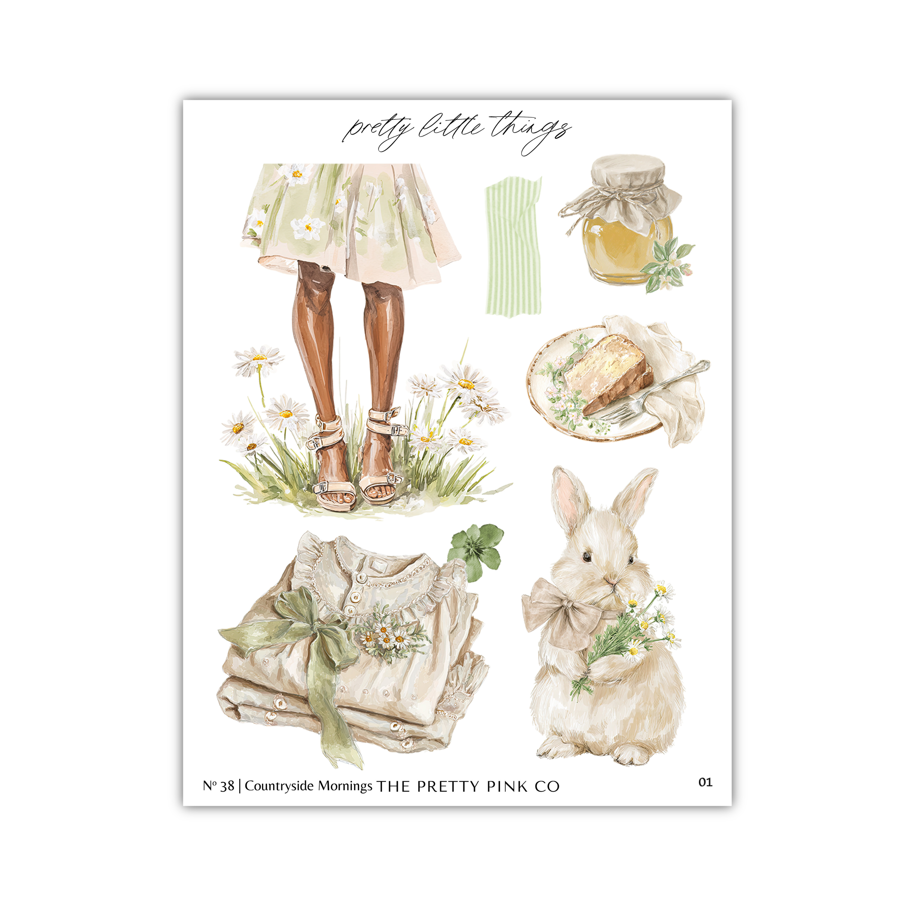 The image is a collage of various illustrations, including a woman in a floral dress, a jar of honey, a plate with a cake, a rabbit, and a dress.