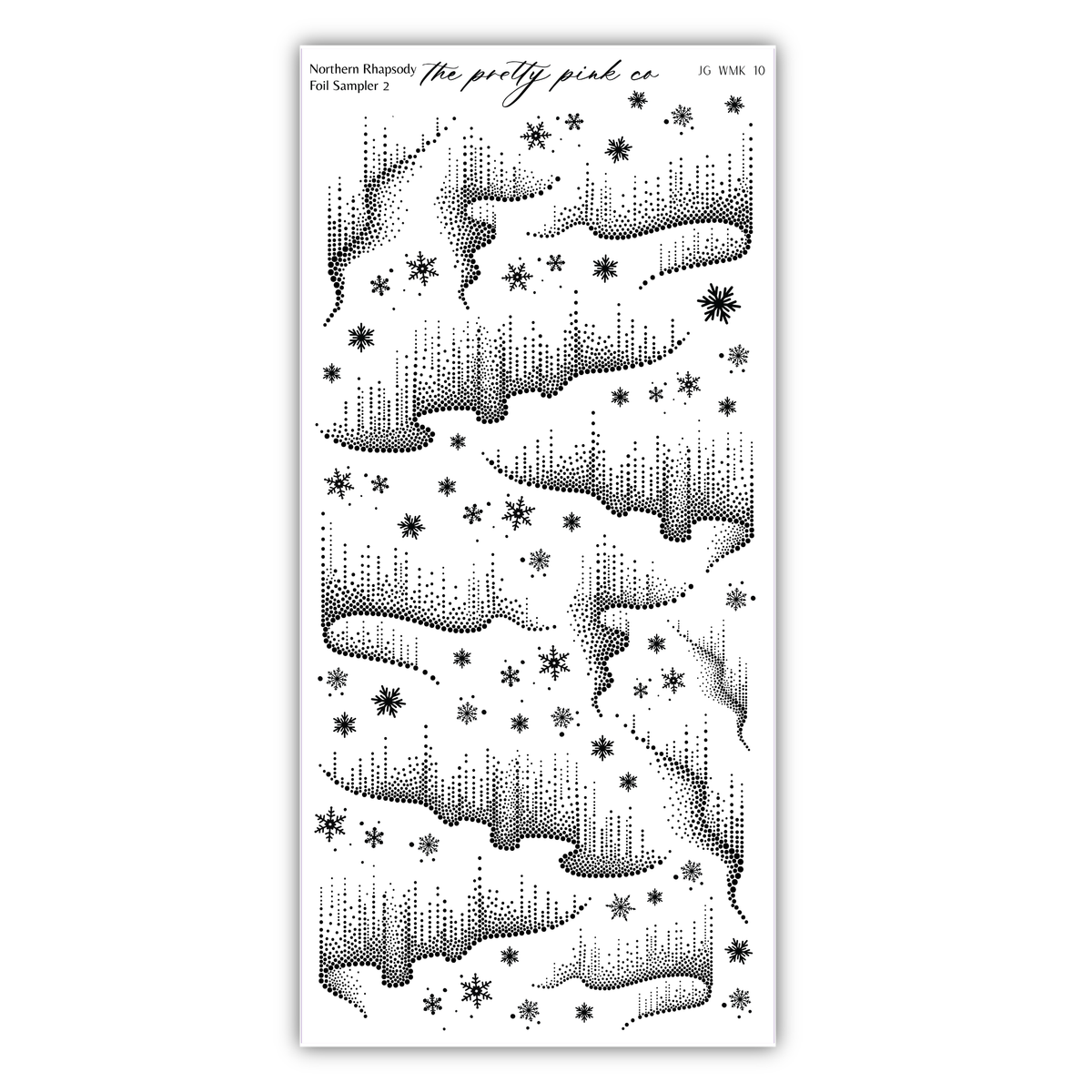 The image is a black and white illustration featuring a pattern of stars and snowflakes, resembling the aurora borealis.