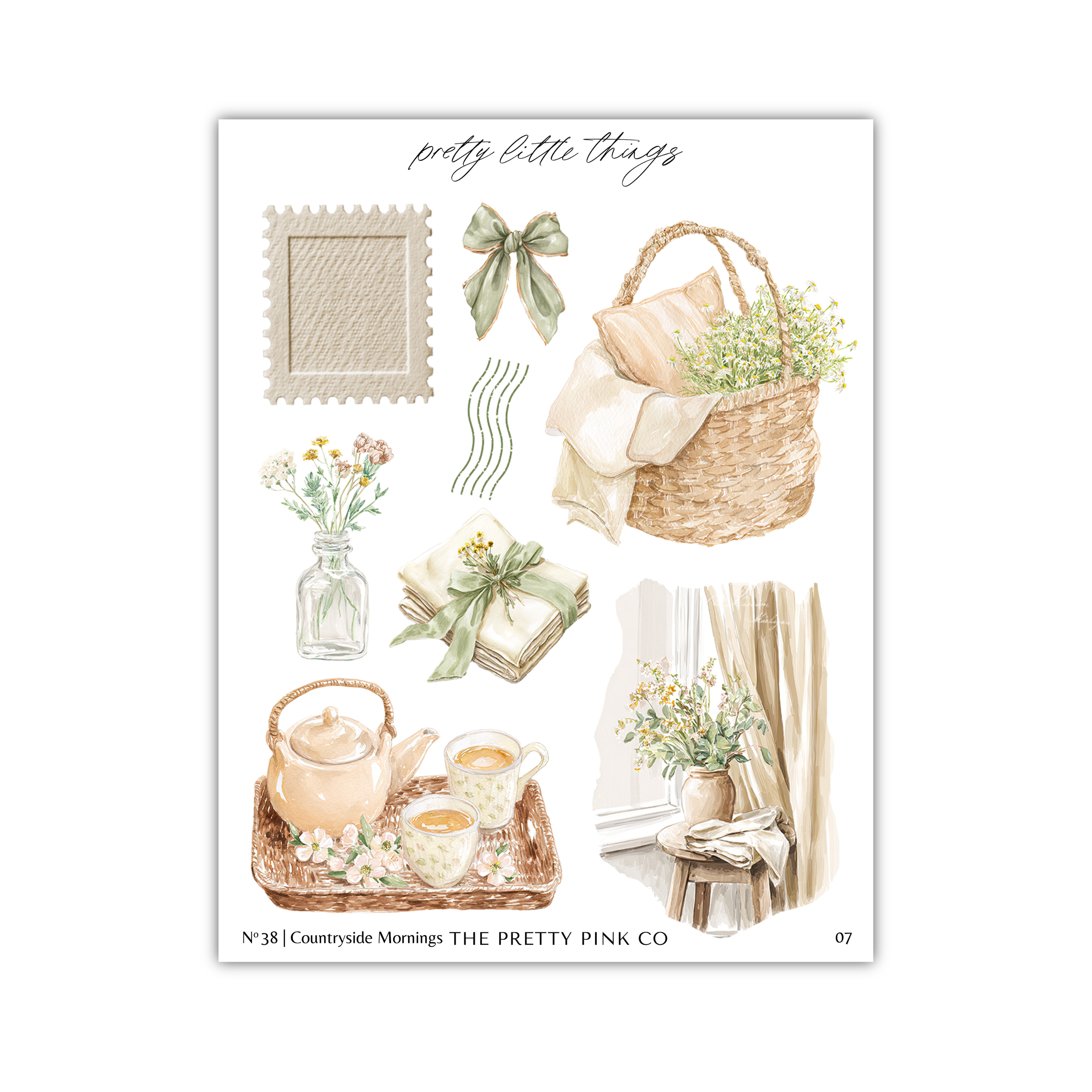 The image is a collection of various decorative items and objects, including a basket, flowers, a teapot, a vase, and other home decor elements, all arranged in a visually appealing manner.