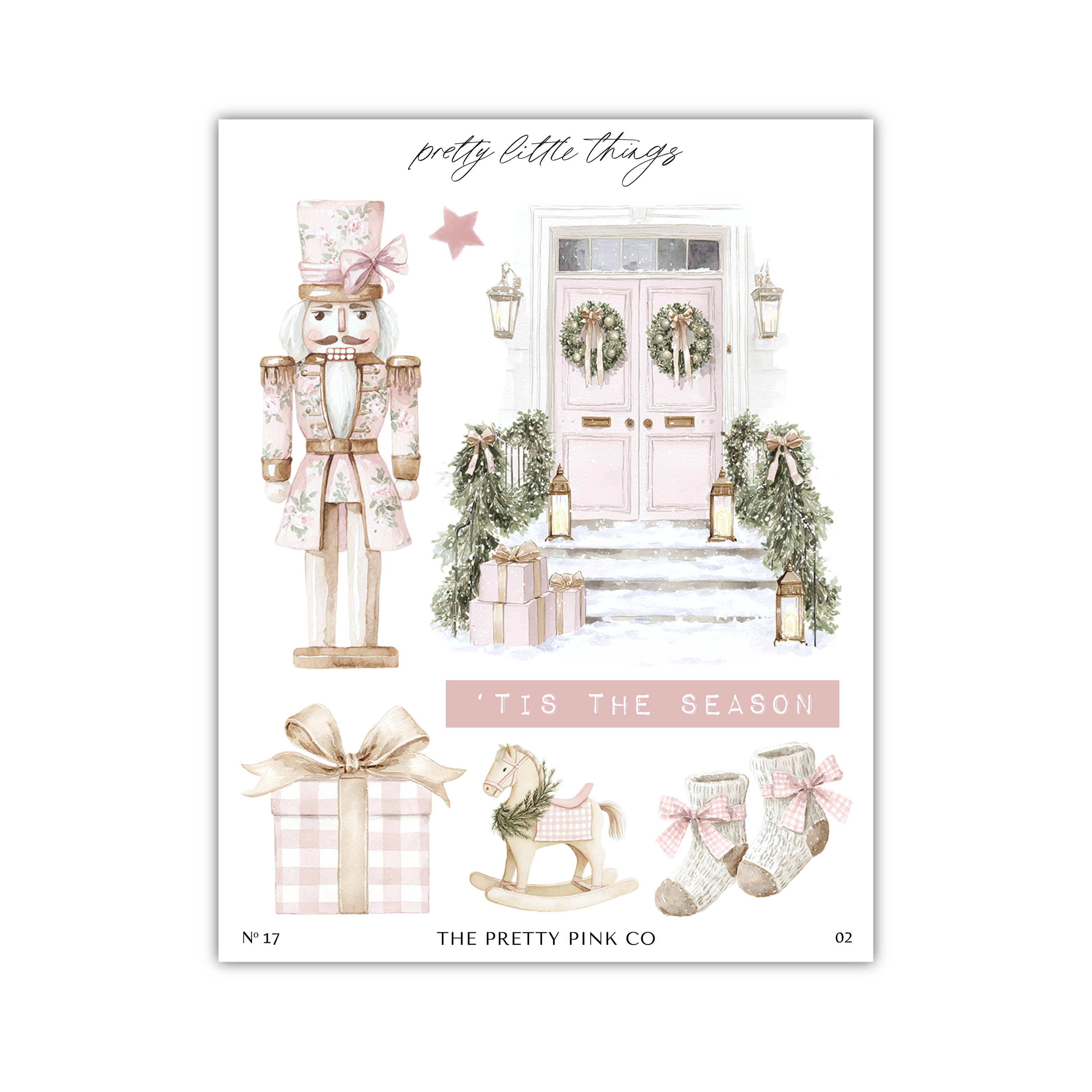 The image is a collage of various Christmas-themed items, including a nutcracker, a door, a horse, a gift box, and a pair of socks. The collage is titled "Tis the Season" and includes the text "The pretty pink co" at the bottom.