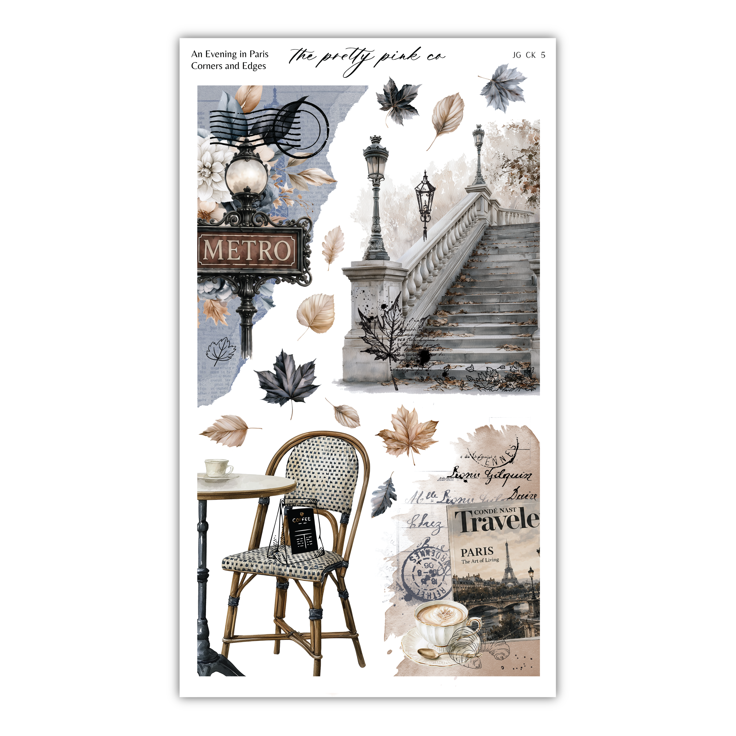 The image is a collage featuring various elements related to Paris, including a street lamp, a staircase, a cafe, and autumn leaves.