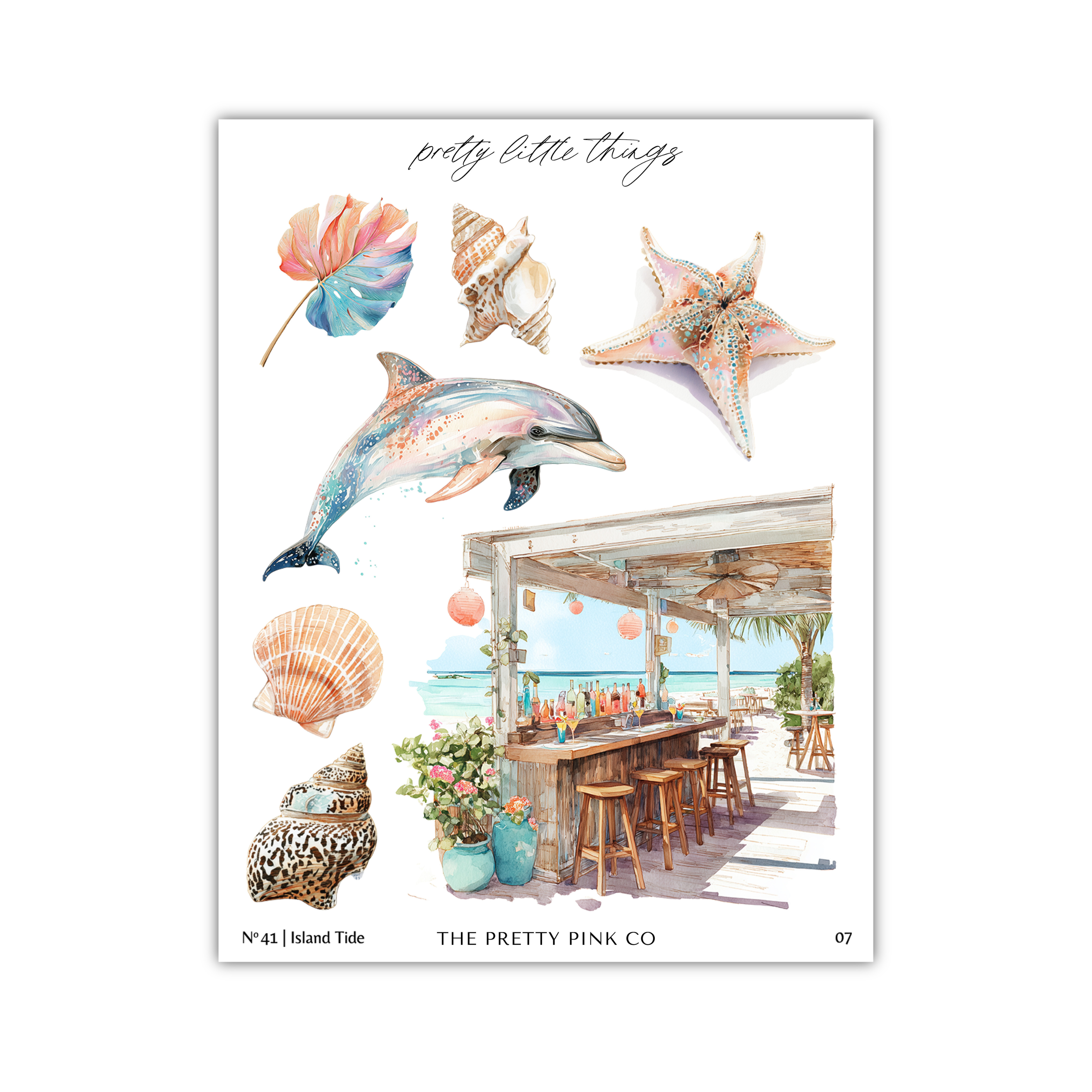 The image is a collage of various watercolor illustrations, including a dolphin, starfish, seashells, and a beach bar scene.