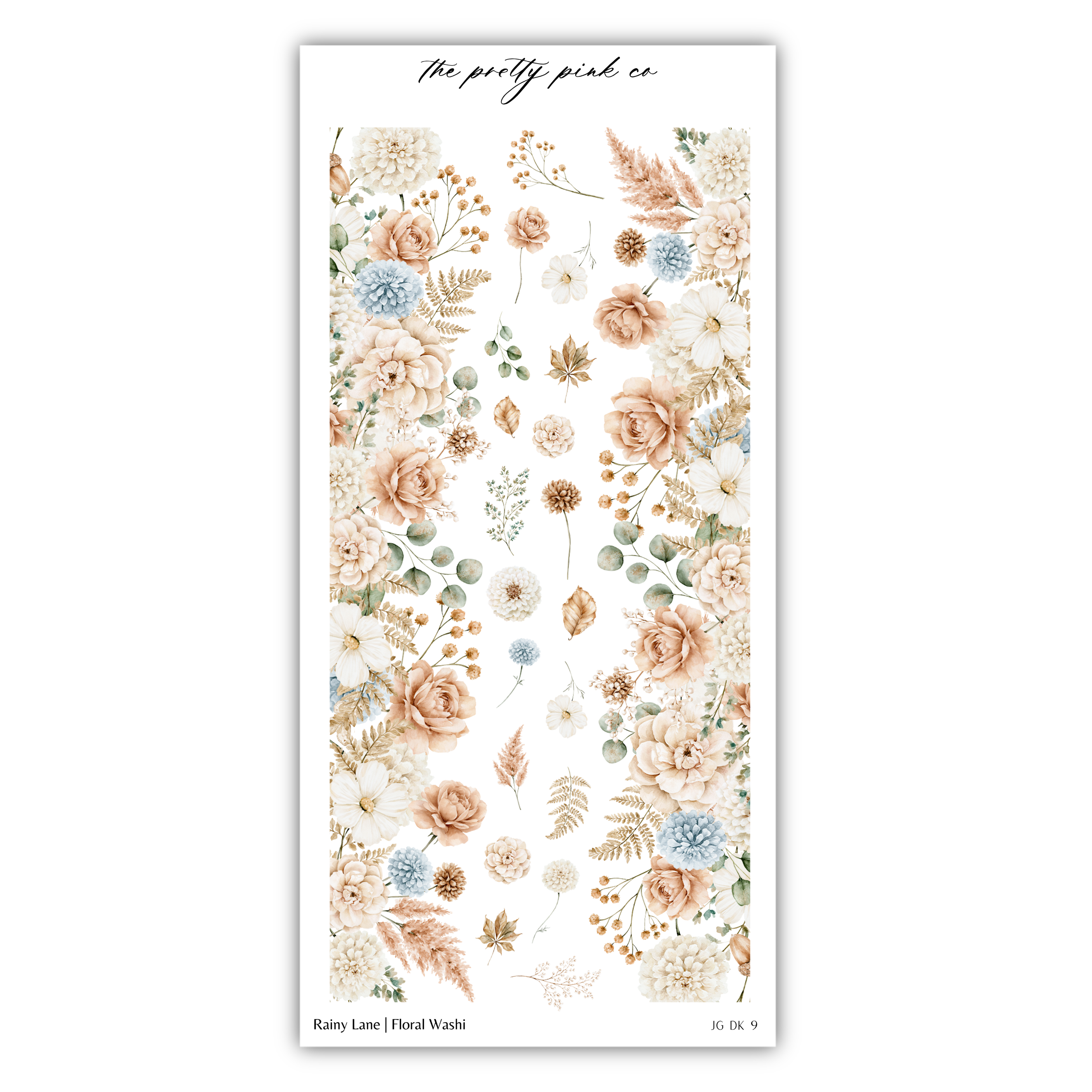 The image is a vertical arrangement of various flowers and foliage, including roses, peonies, and other floral elements, against a white background.