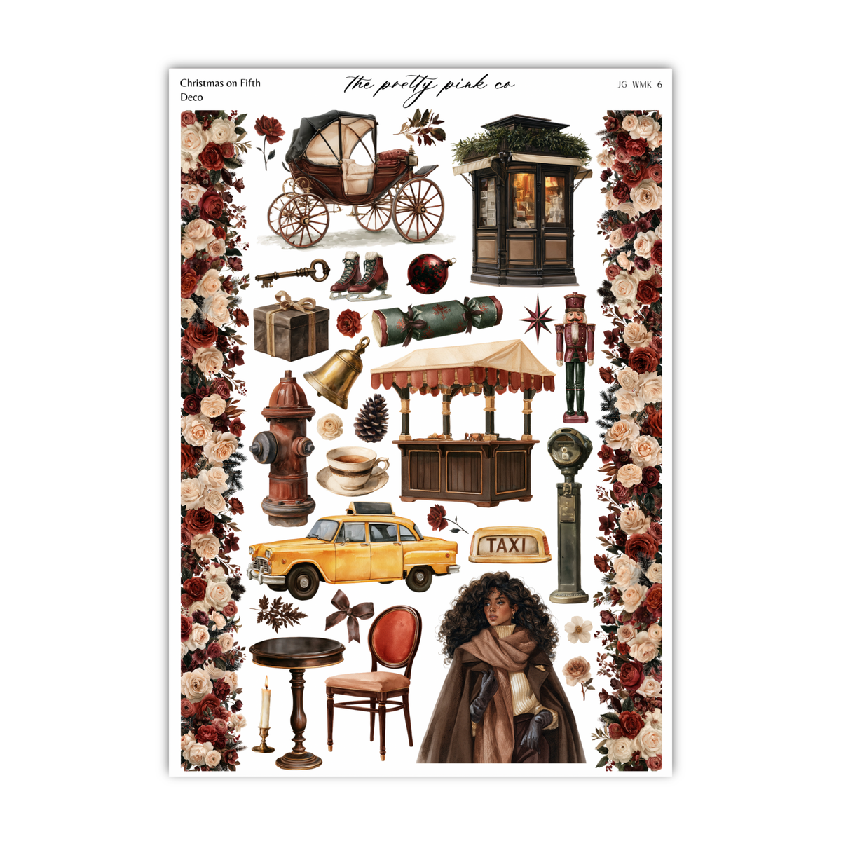 The image is a collage of various objects and scenes, including a carriage, a building, a fire hydrant, a taxi, a woman, and other decorative elements.