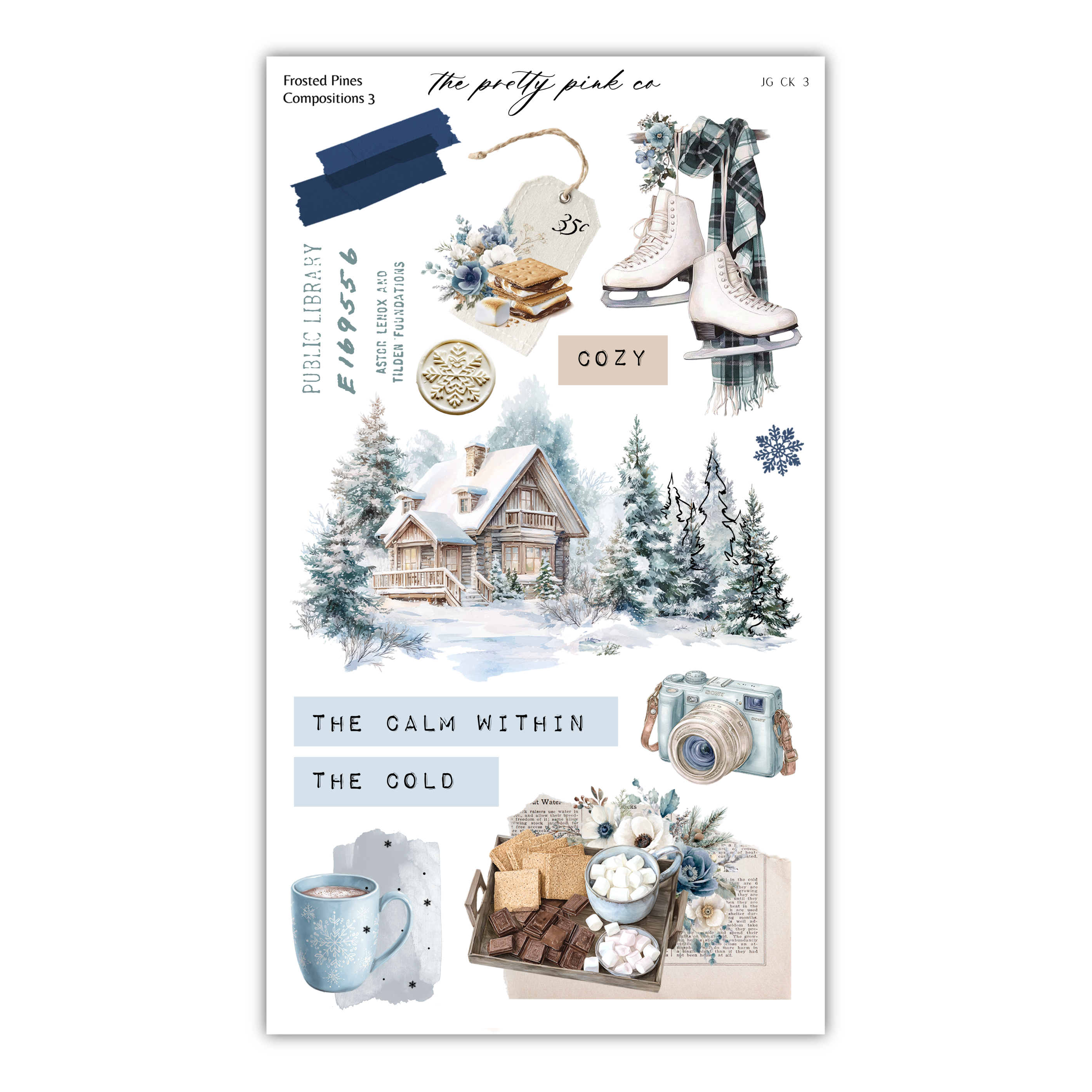 The image is a collage of various winter-themed items and scenes, including a cabin, skis, a snowflake, a camera, a mug, and a book. The collage appears to be a collection of winter-related elements, such as a cozy cabin, skiing equipment, and winter-themed decor.