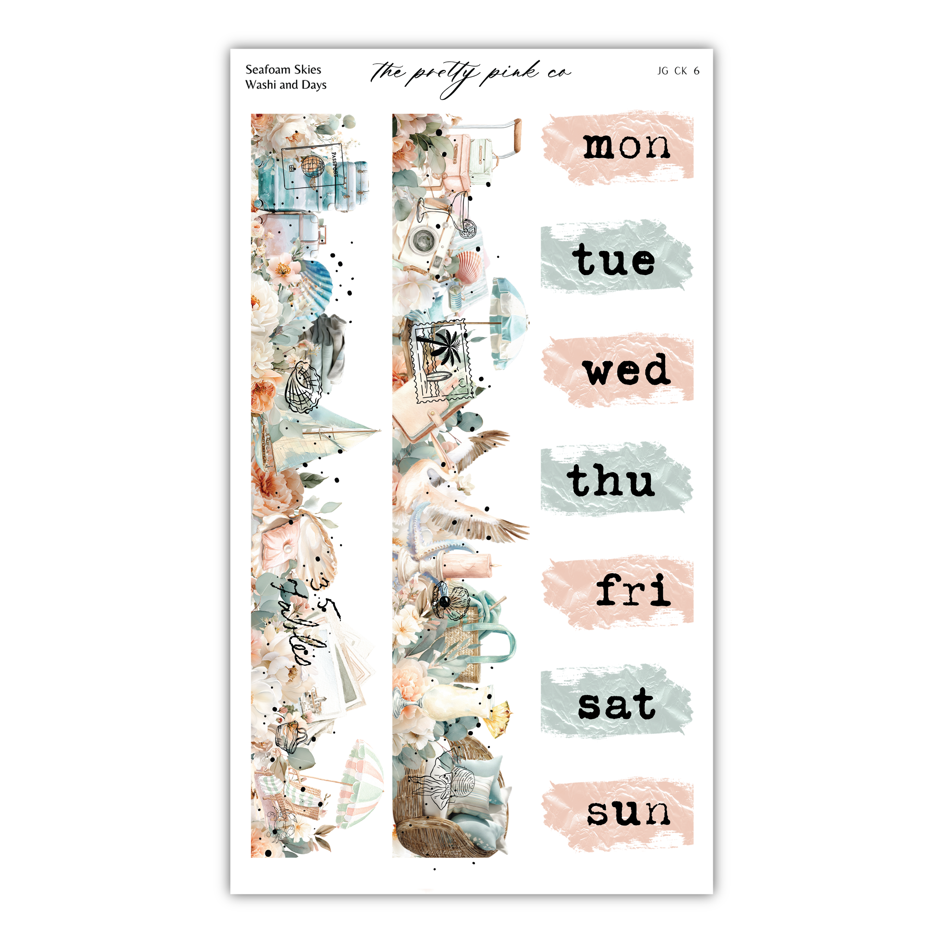 The image is a collage of various images, including a seashell, a bottle, and a bird, arranged in a vertical format. The text "Seafood Skins Wash and Days" is displayed at the top, and the days of the week are written in a column below the images.