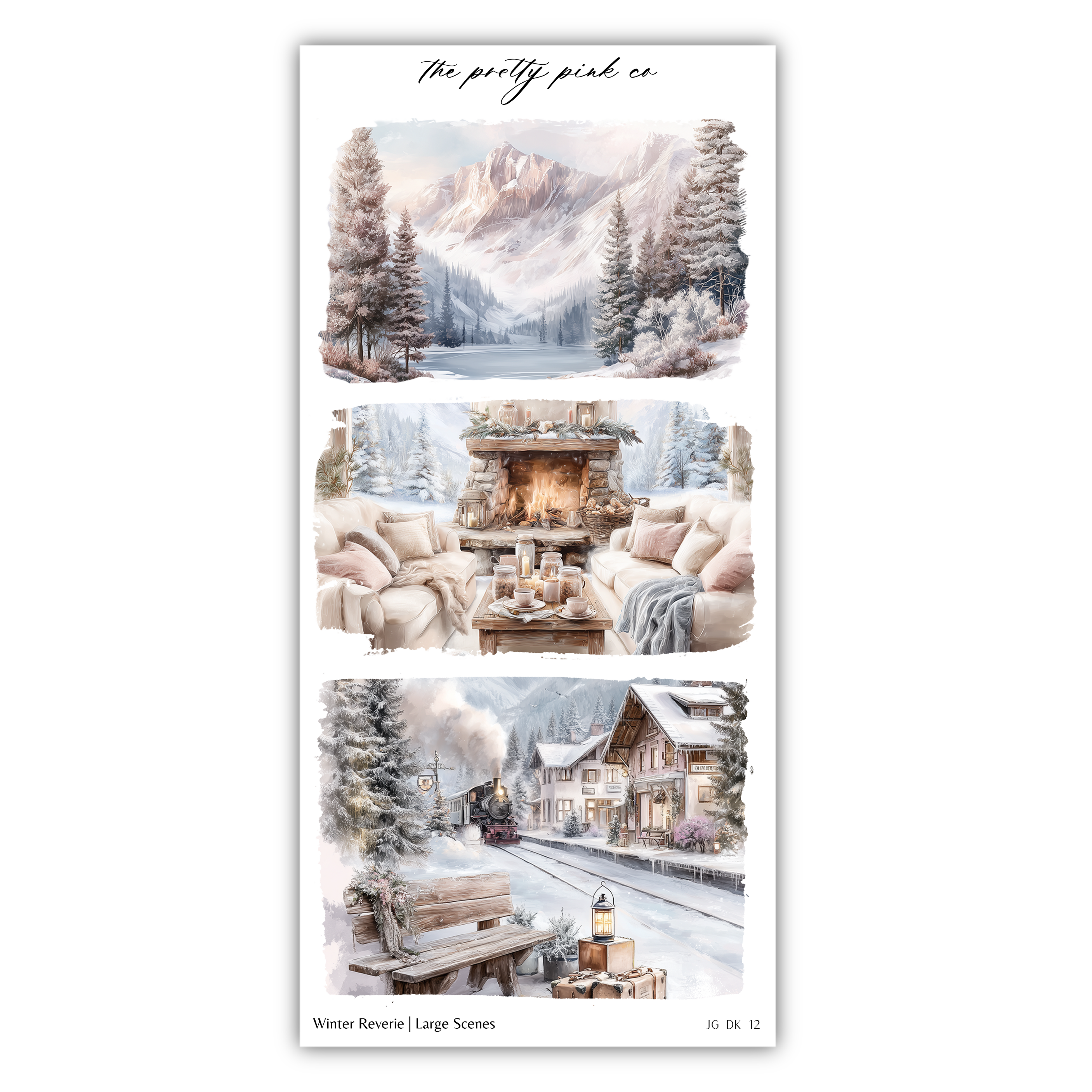 The image is a collage of three winter scenes, each depicting a different aspect of the snowy landscape. The first scene shows a snowy mountain with a fireplace, the second scene depicts a cozy cabin with a fireplace, and the third scene shows a snowy village with a train passing through.