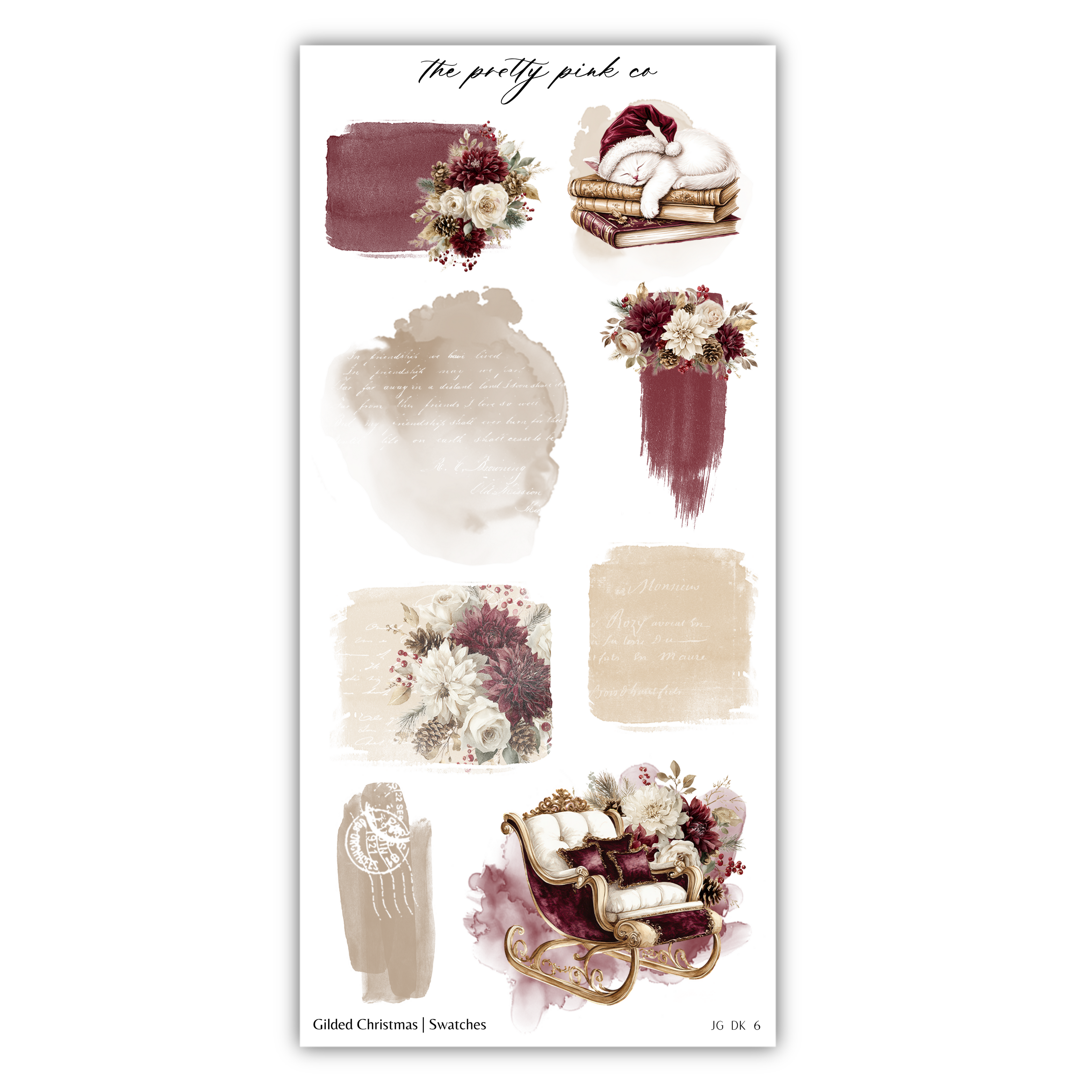 various floral and decorative elements, including a bouquet of flowers, a book, a sleigh, and a dreamcatcher. The image is a collage of different artistic elements, and it does not contain any text that can be described in detail.