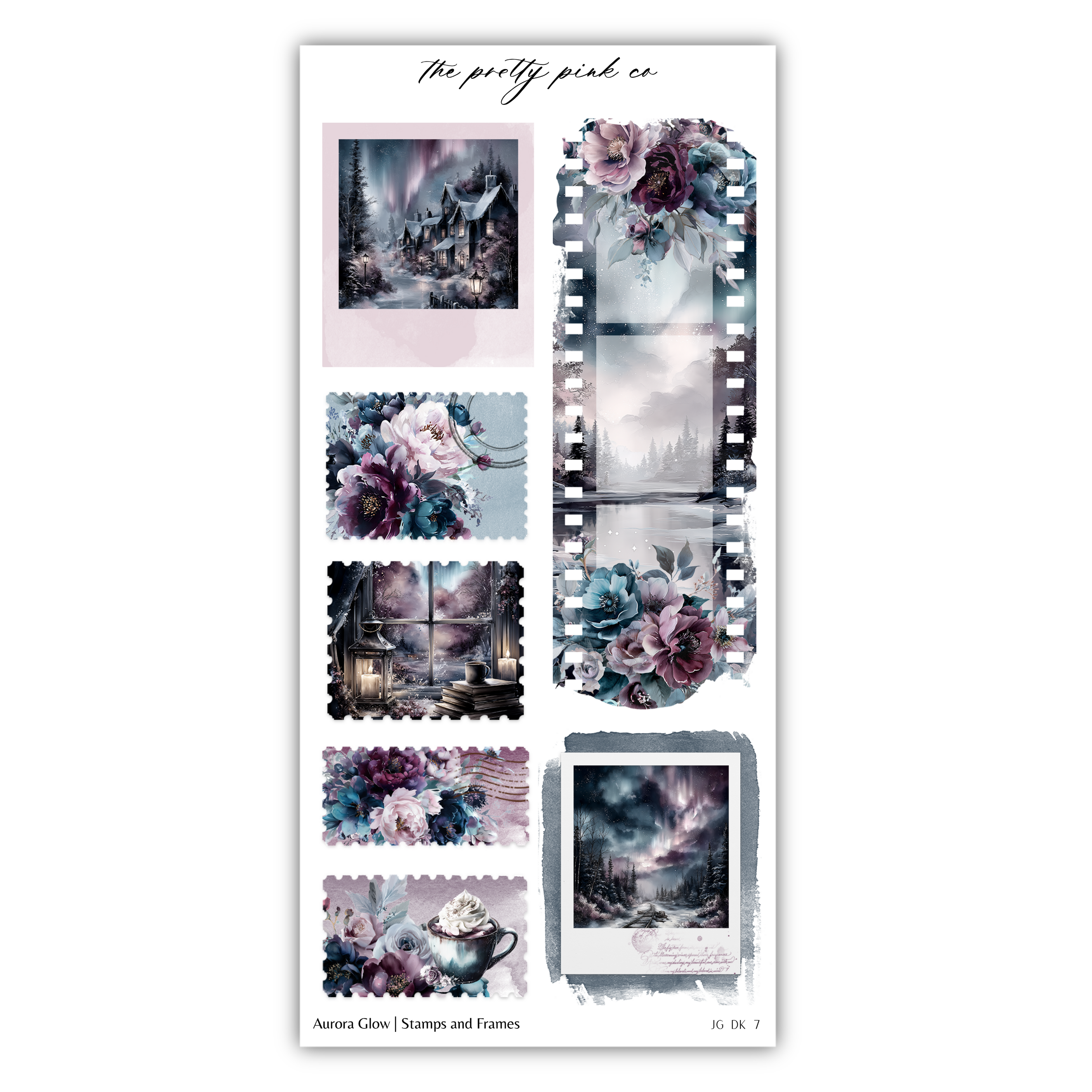 a collage of various artistic and floral-themed images, including a landscape, a still life with flowers, and a film strip. The collage is titled "The pretty pink co" and includes images of stamps and frames.