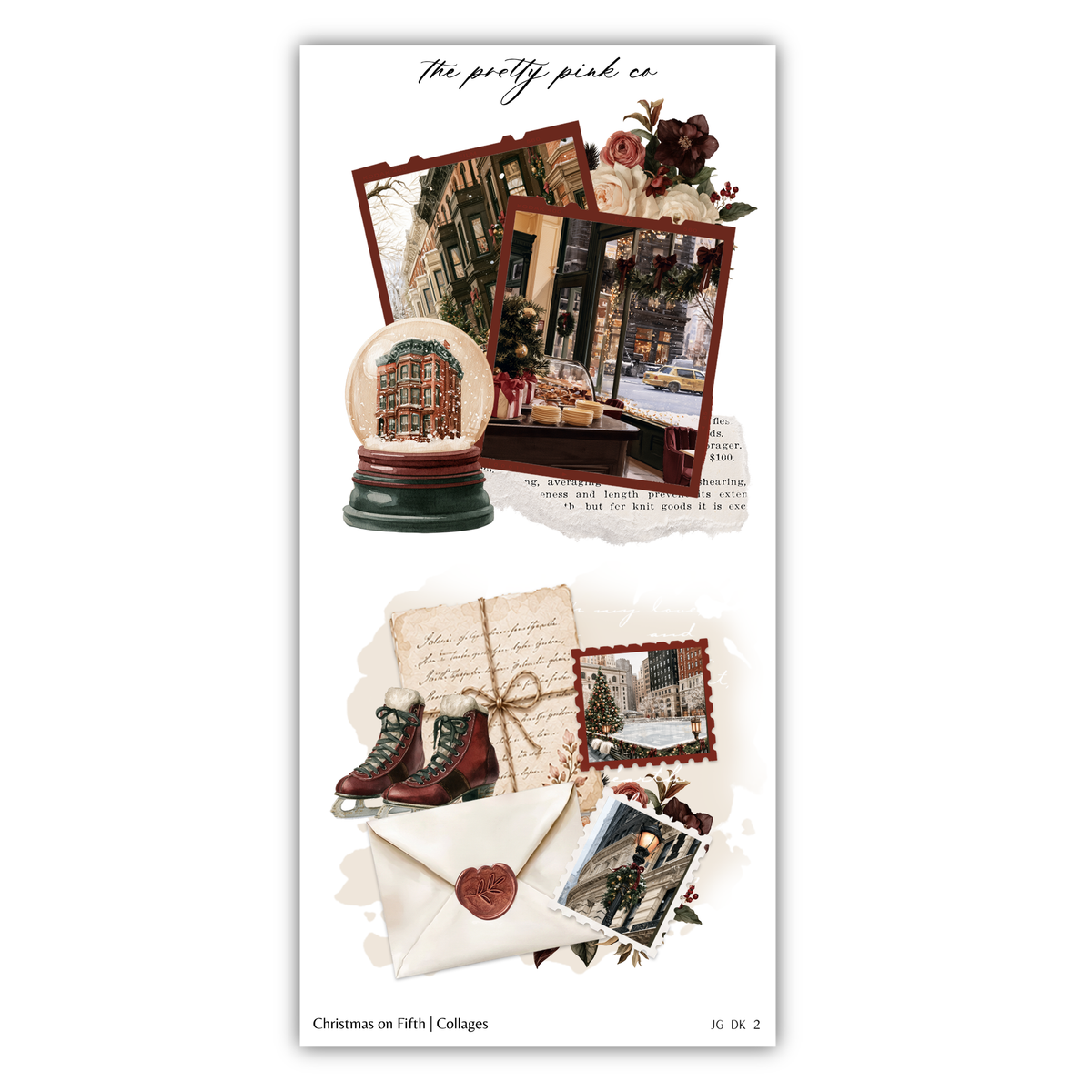 The image is a collage of various Christmas-themed items, including a snow globe, a pair of red boots, a letter, and a photograph of a building.