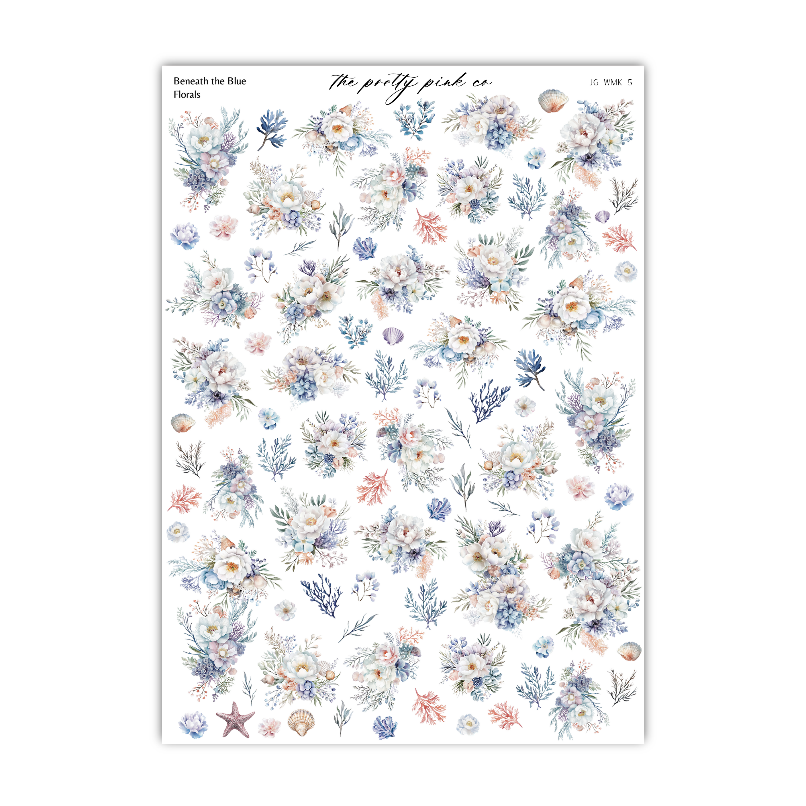 a sheet of paper with flowers and seashells on it