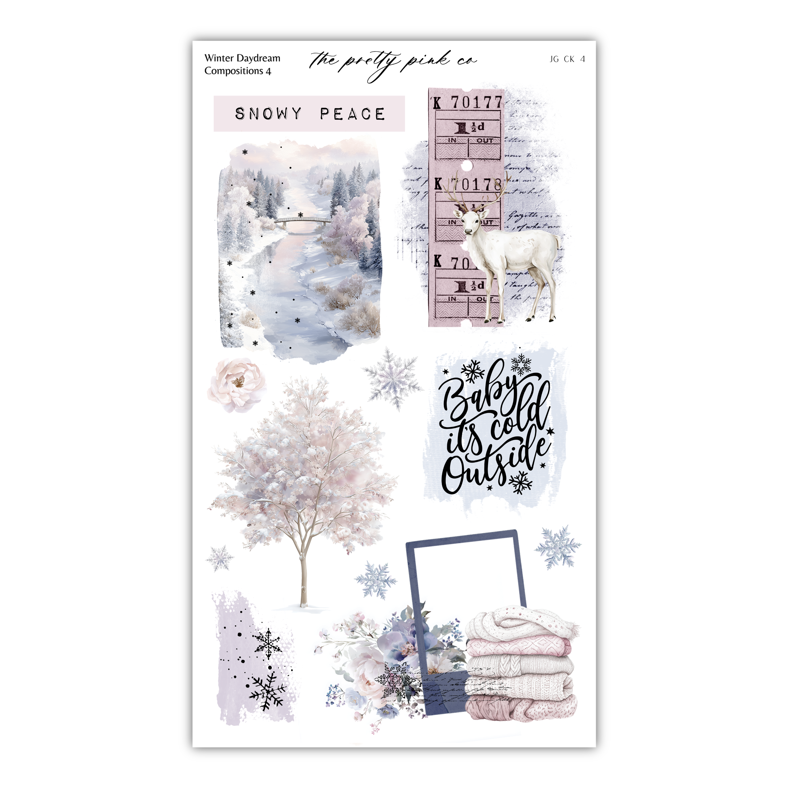 The image is a collage of various winter-themed elements, including a snowy landscape, a deer, a tree, and a snowflake.