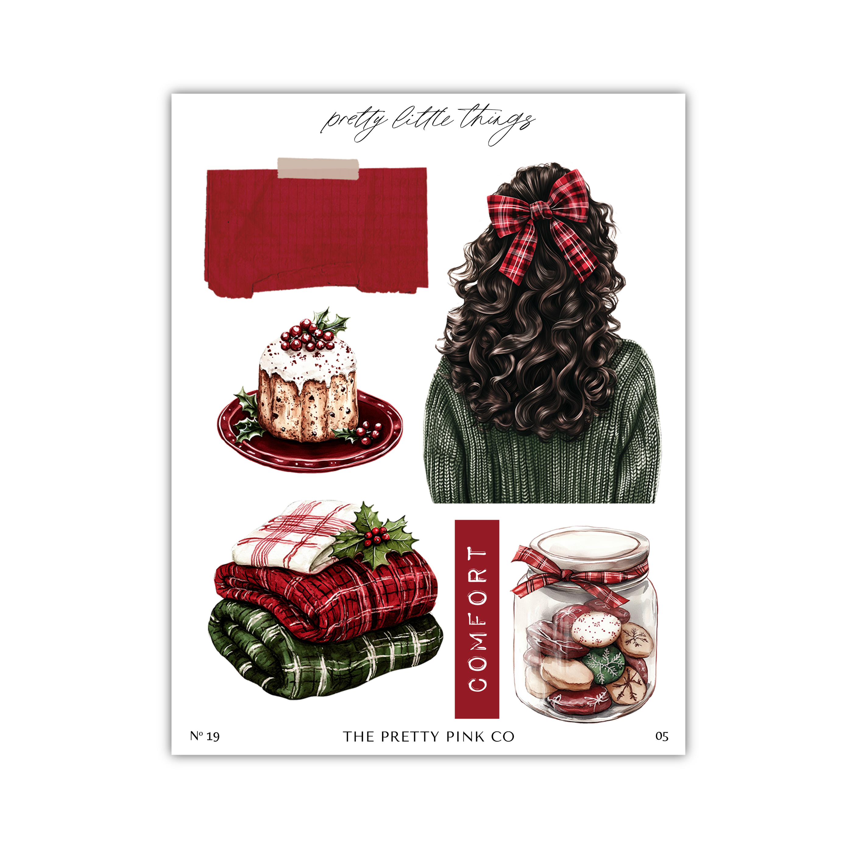 The image is a collage of various Christmas-themed items, including a red blanket, a cake, a sweater, a jar of cookies, and a plaid blanket.