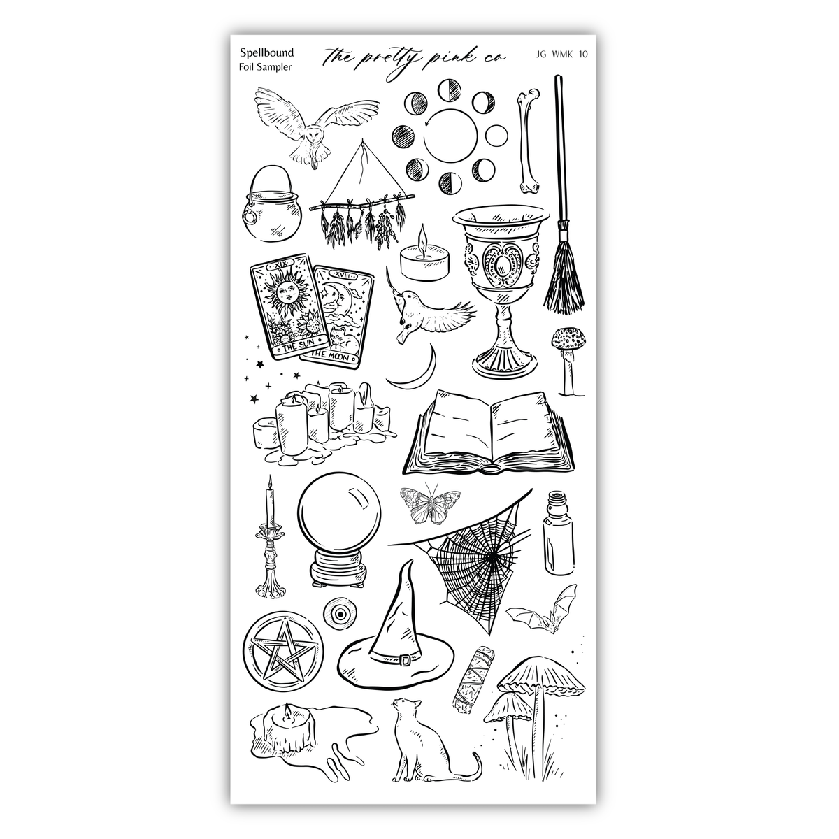 various mystical and magical objects, such as tarot cards, crystals, spells, and other mystical items, all depicted in a black and white line drawing style.