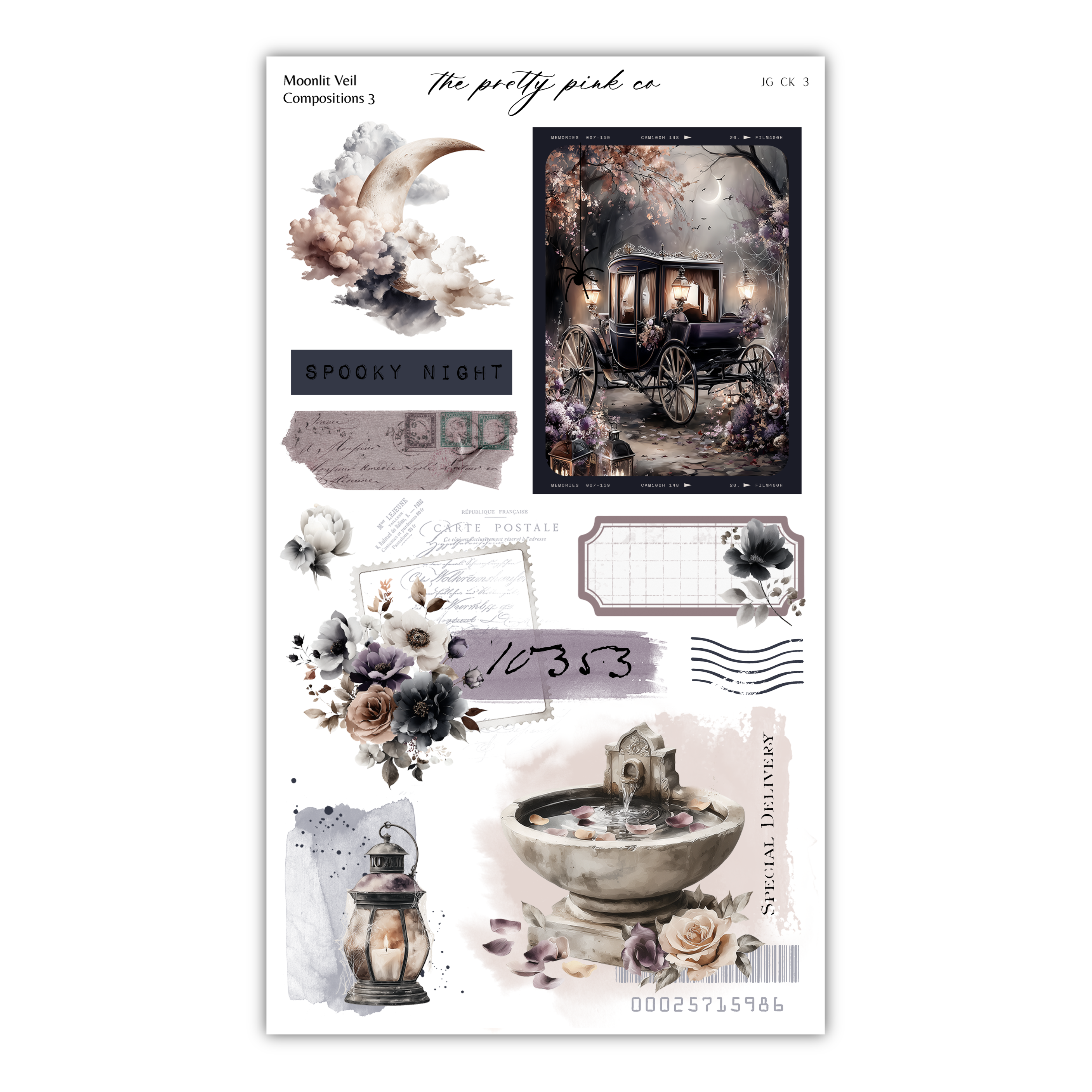 The image is a collage of various artistic elements, including a moon, a carriage, flowers, and a fountain, all set against a dark and moody background.