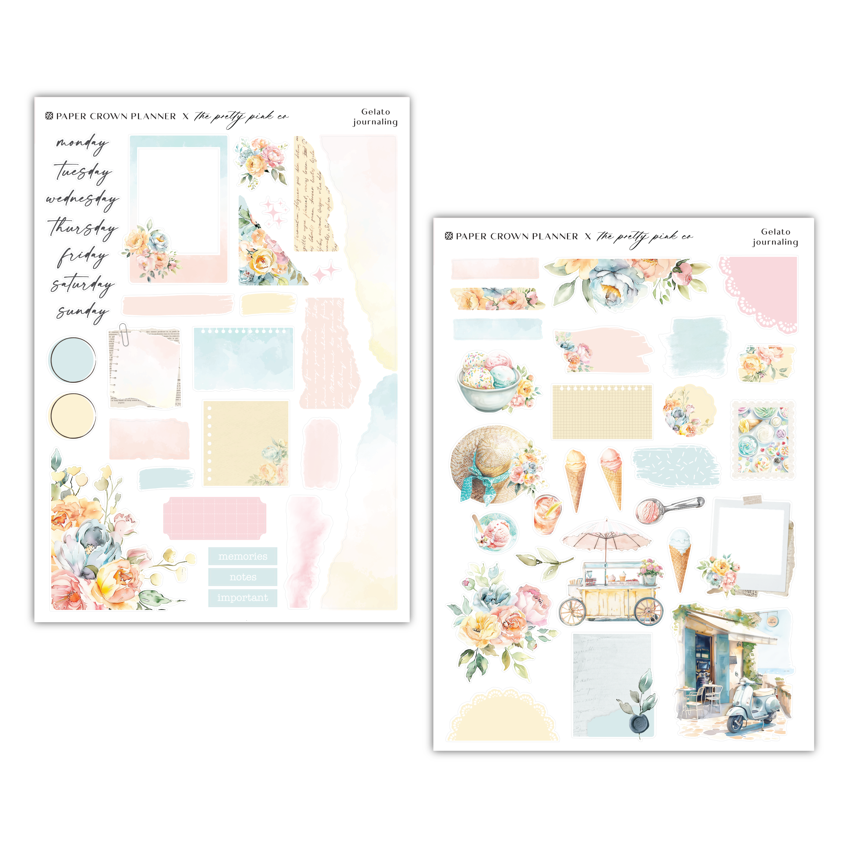 two sheets of stickers with flowers and ice cream