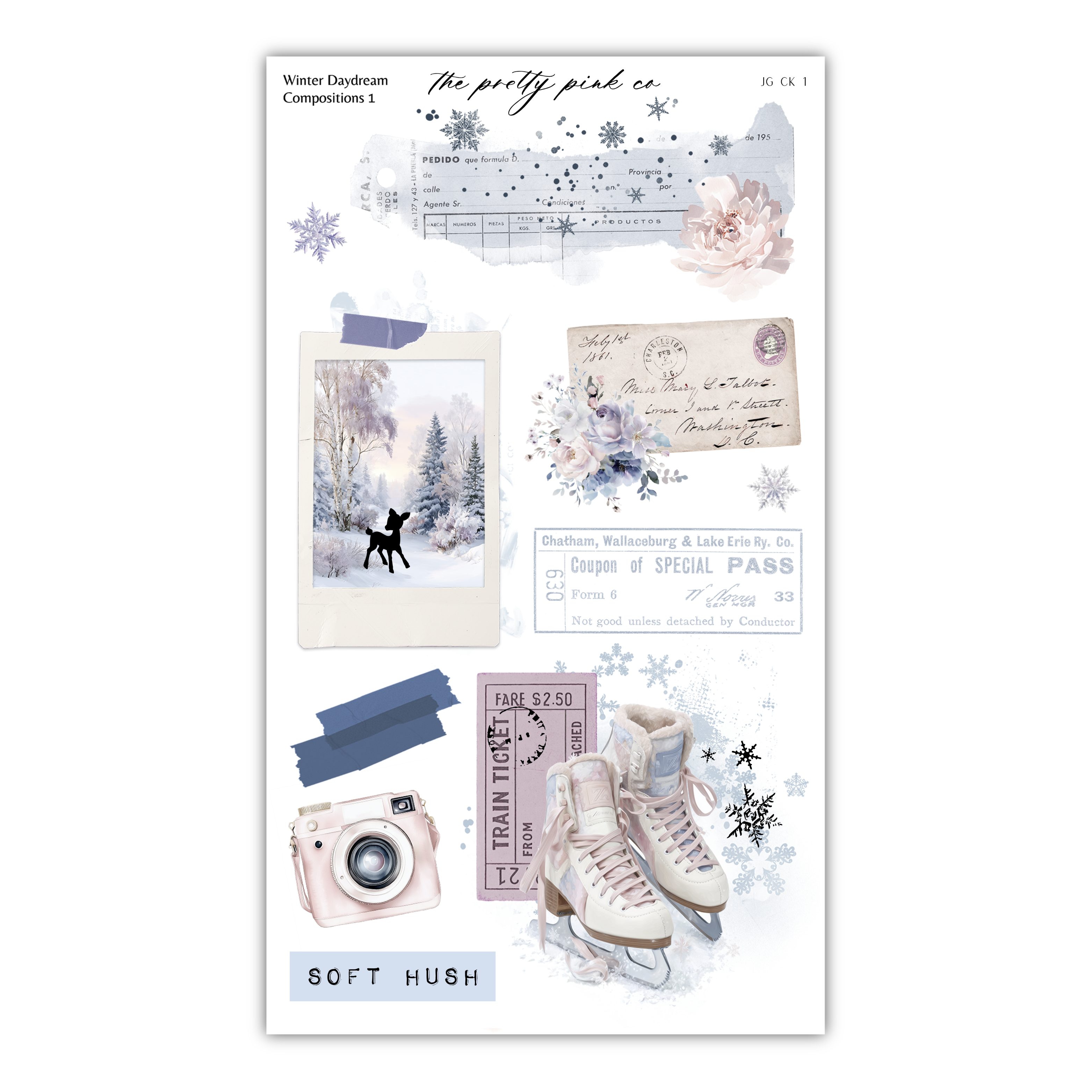 The image is a collage of various winter-themed elements, including a snowflake, a photograph of a deer, a pair of skis, and a camera. The collage also includes a note, a ticket, and a stamp. The overall theme appears to be winter daydreams and travel, with a focus on the beauty of nature and the excitement of winter activities.