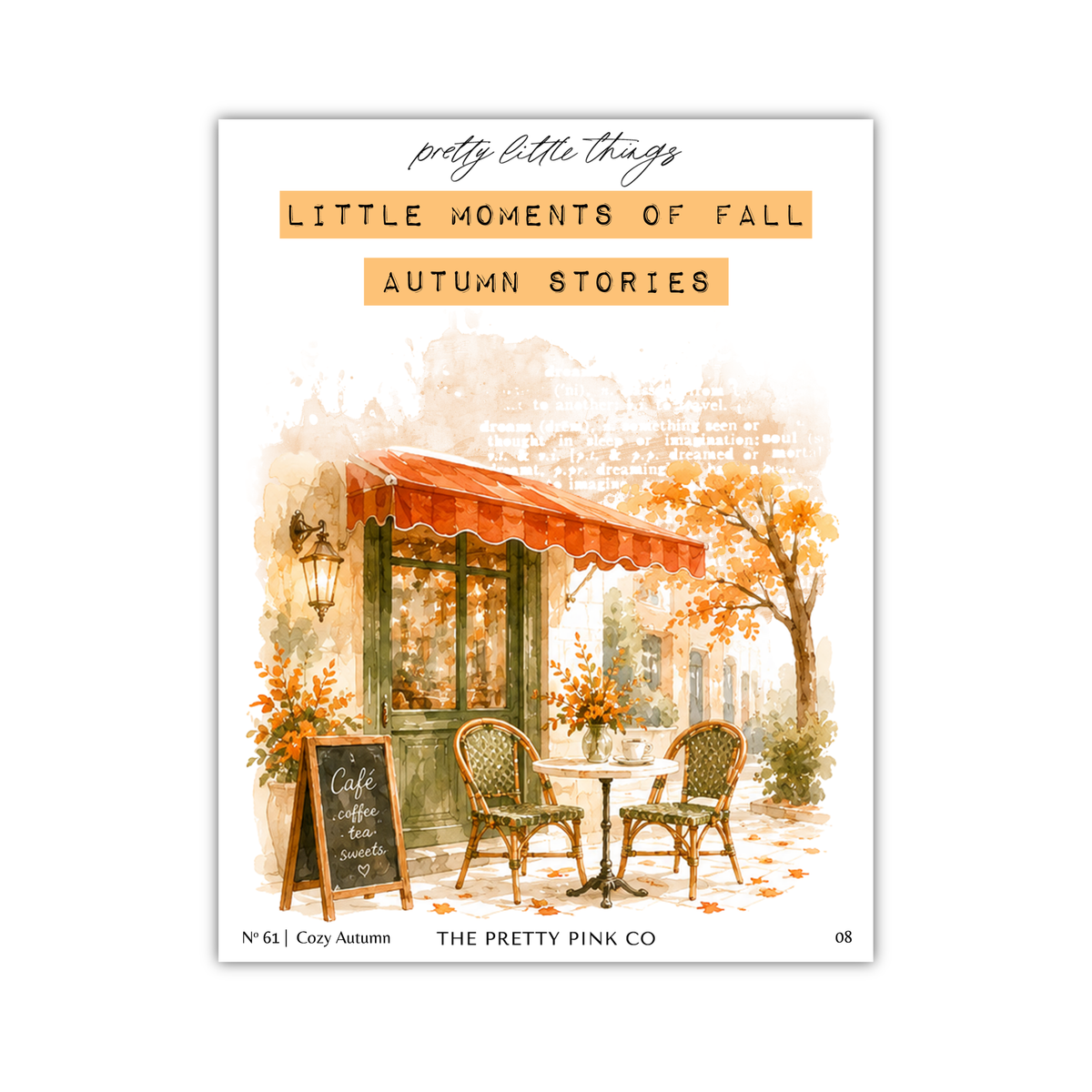 The image is a watercolor painting depicting a cozy autumn scene with a cafe, chairs, and a tree.