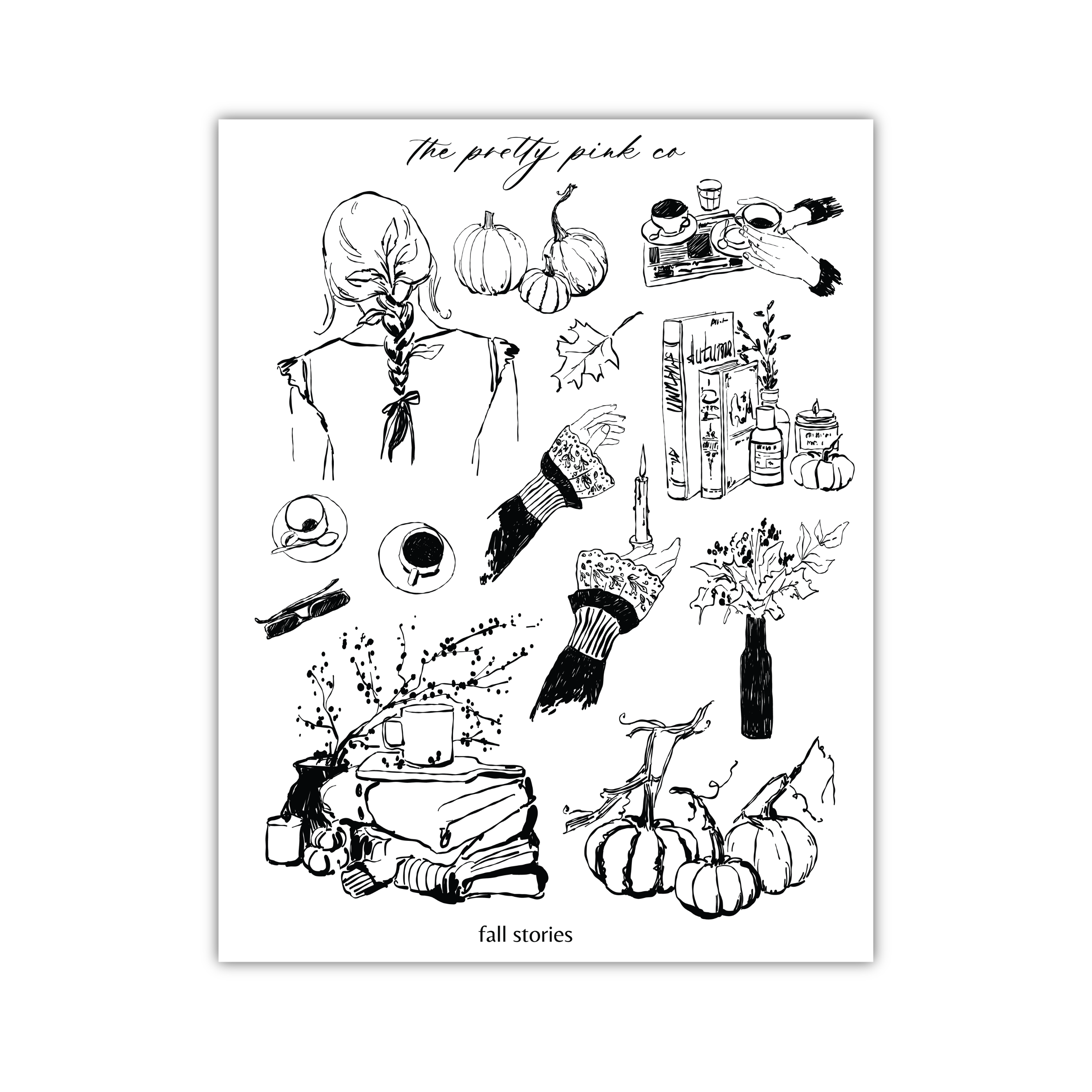 The image is a black and white illustration featuring various fall-themed objects and scenes, including pumpkins, books, vases, and a woman's braided hair.