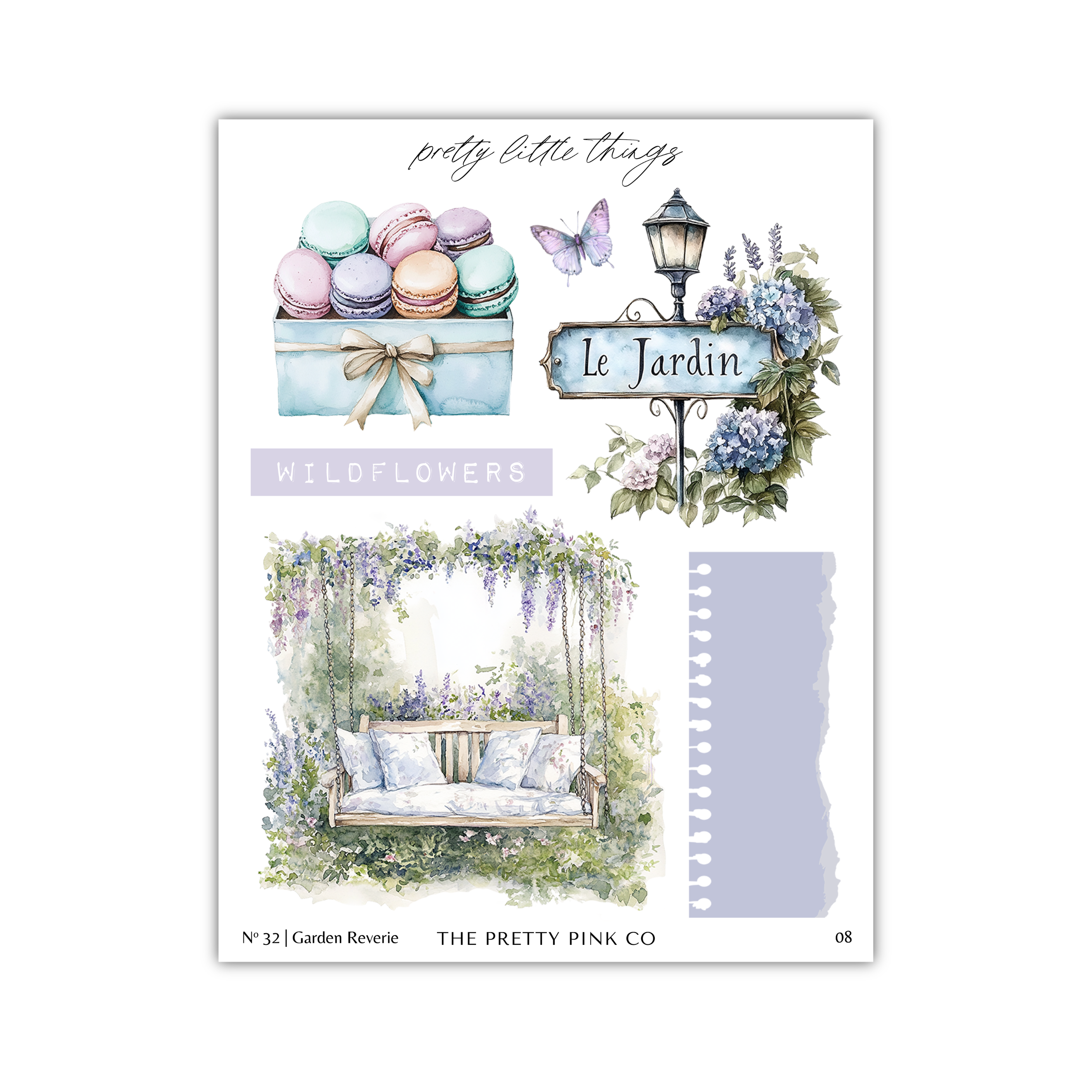 The image is a collage of various illustrations related to a garden, including a macaron basket, a garden bench, and a street lamp.