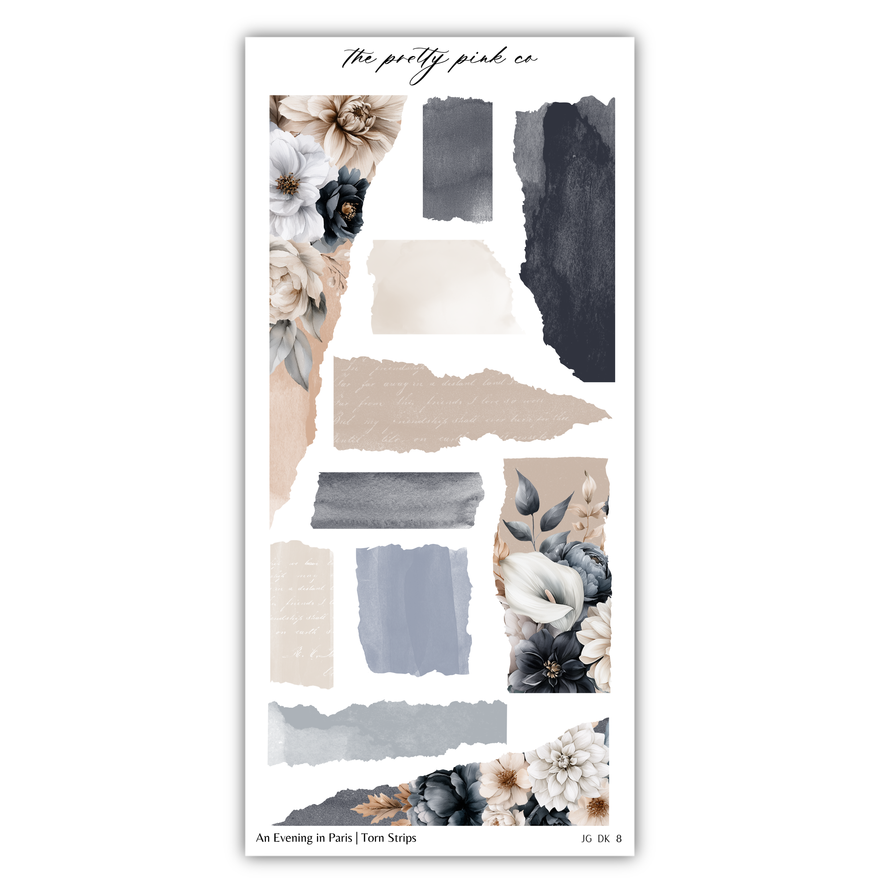 The image is a collage of various abstract shapes and patterns, including floral elements and torn strips, arranged in a visually appealing manner.