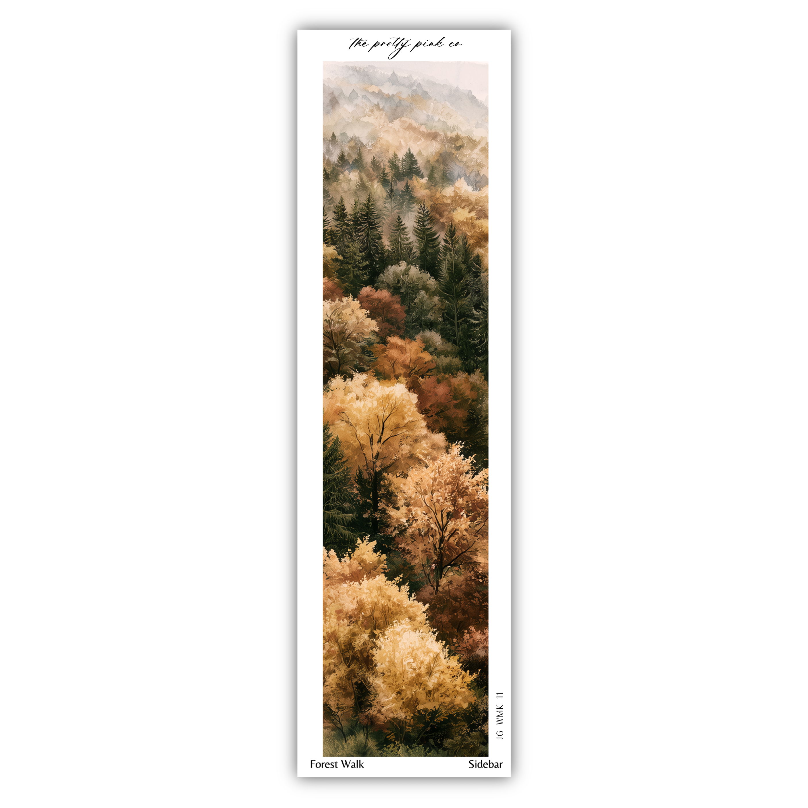 The image is a vertical poster featuring a forest scene with trees displaying autumn colors.