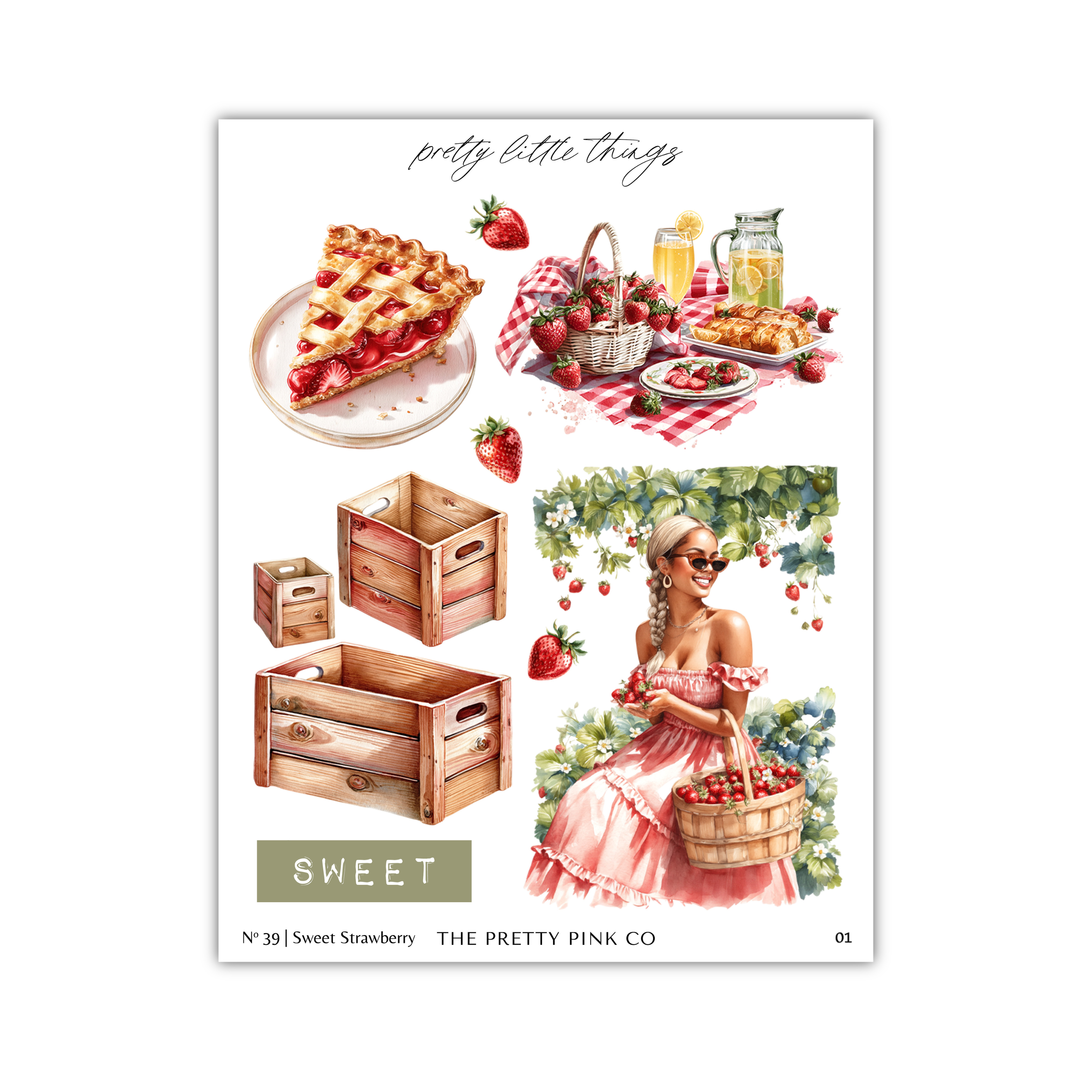 The image is a collage of various illustrations related to strawberries, including a slice of pie, a basket of strawberries, a woman holding a basket of strawberries, and a woman holding a basket of strawberries.