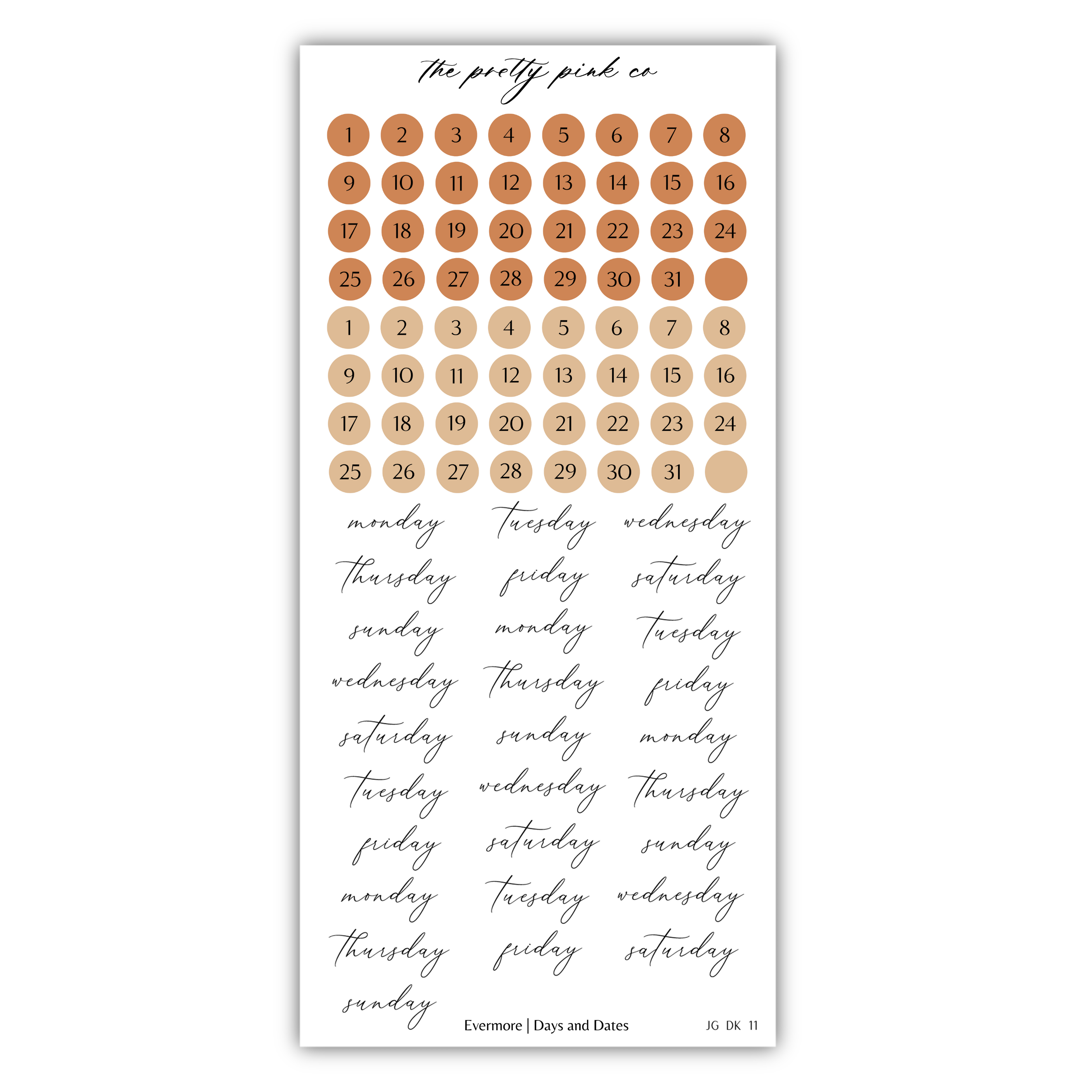 a calendar with a grid of orange circles representing days of the week, and a list of days of the week written in a cursive font. The calendar and list are both in a white background.