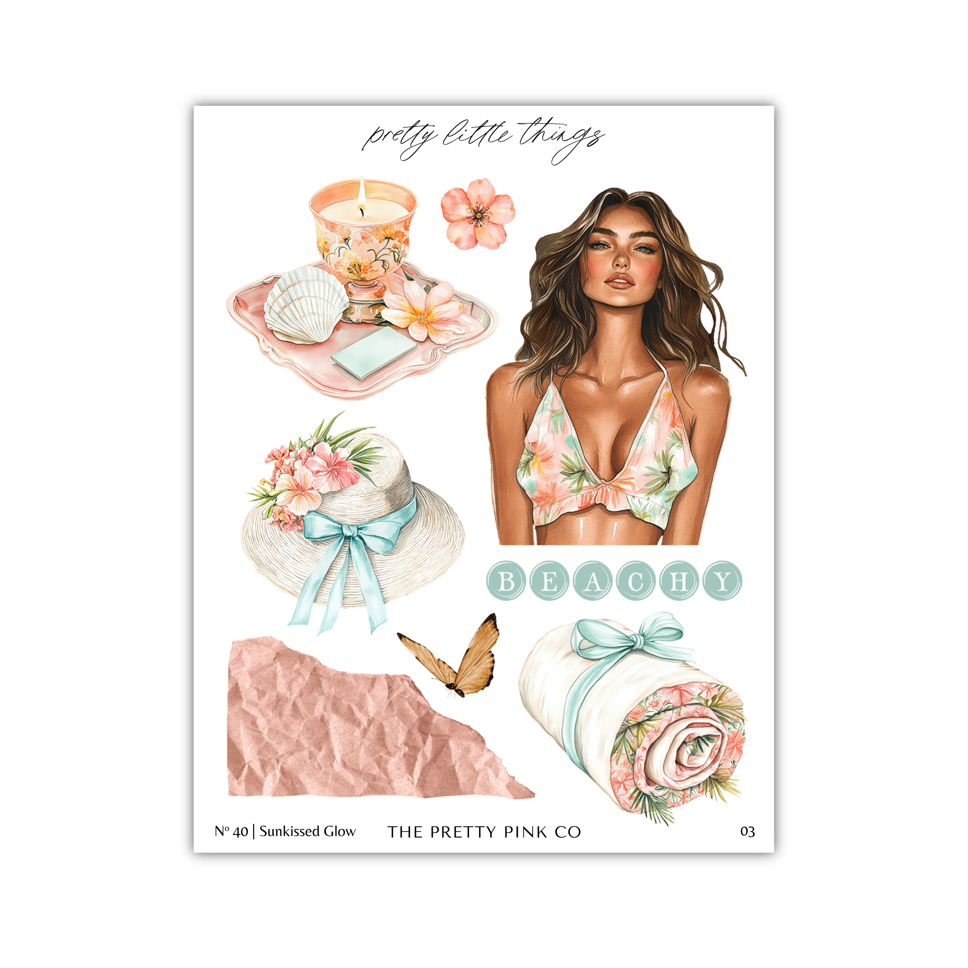 The image is a collage of various beach-themed items, including a woman in a floral bikini, a candle, a seashell, a hat, a butterfly, and a rolled-up towel.
