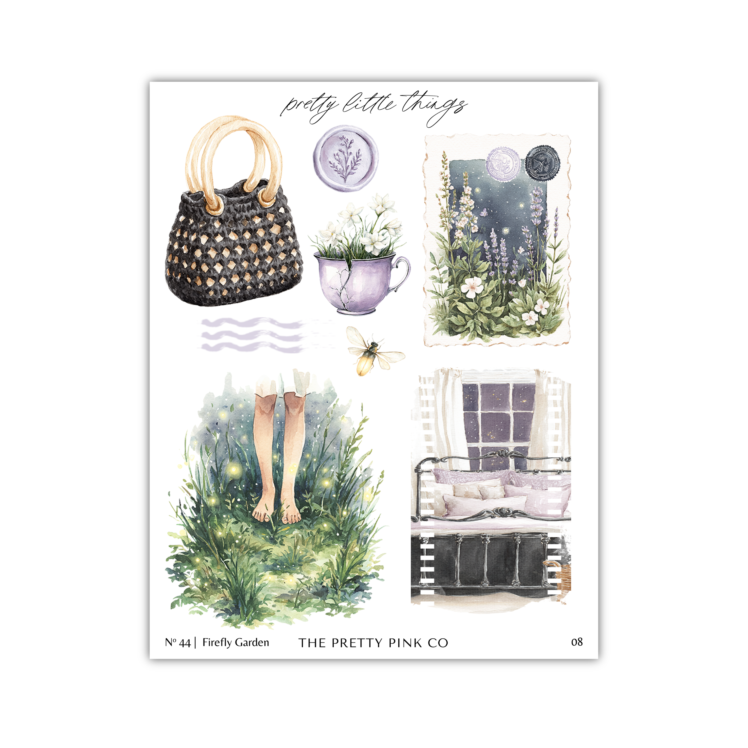 The image is a collage of various illustrations, including a handbag, a teapot, a flower arrangement, a person's legs in a grassy field, a window, and a bed.