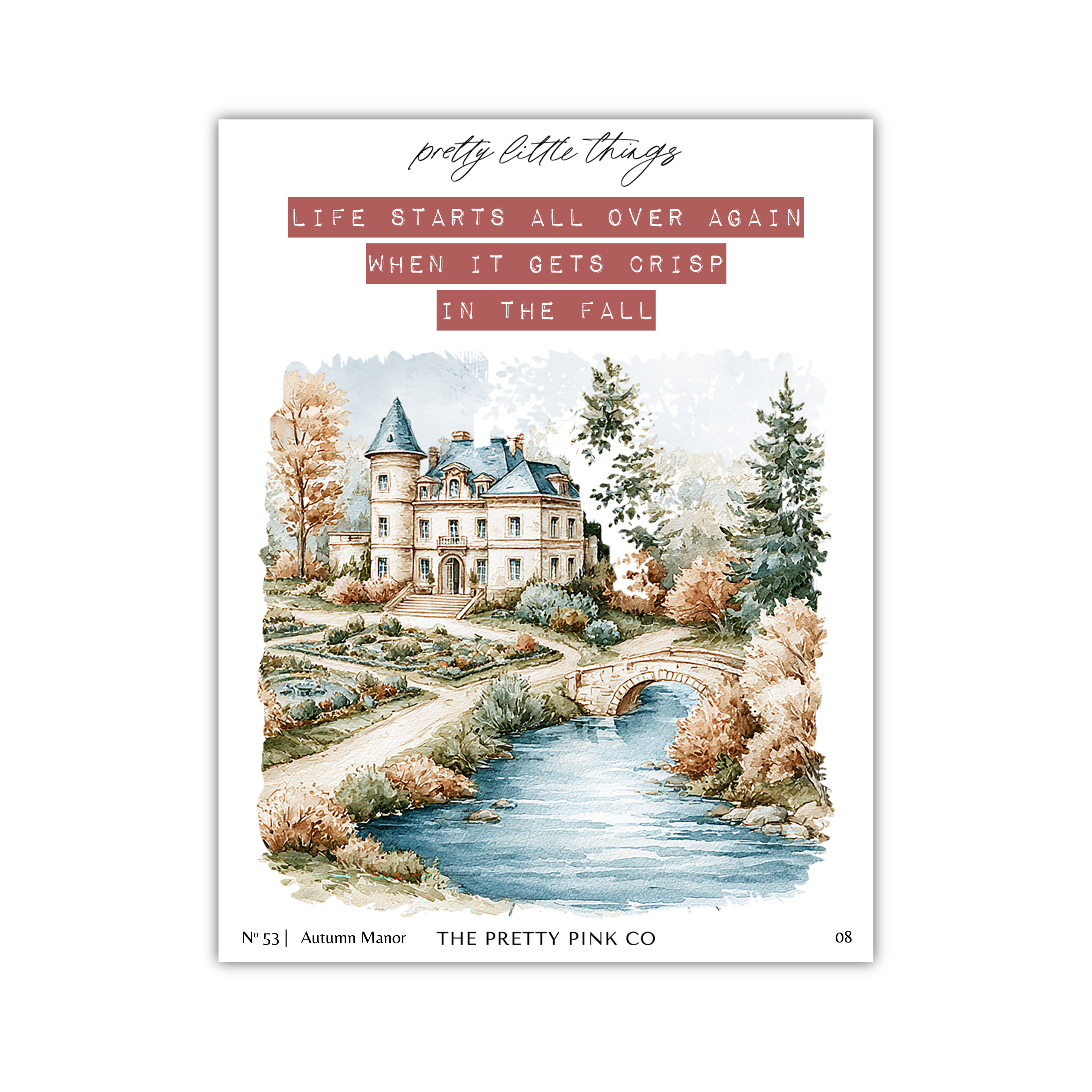 The image is a watercolor painting of a castle surrounded by trees and a river.