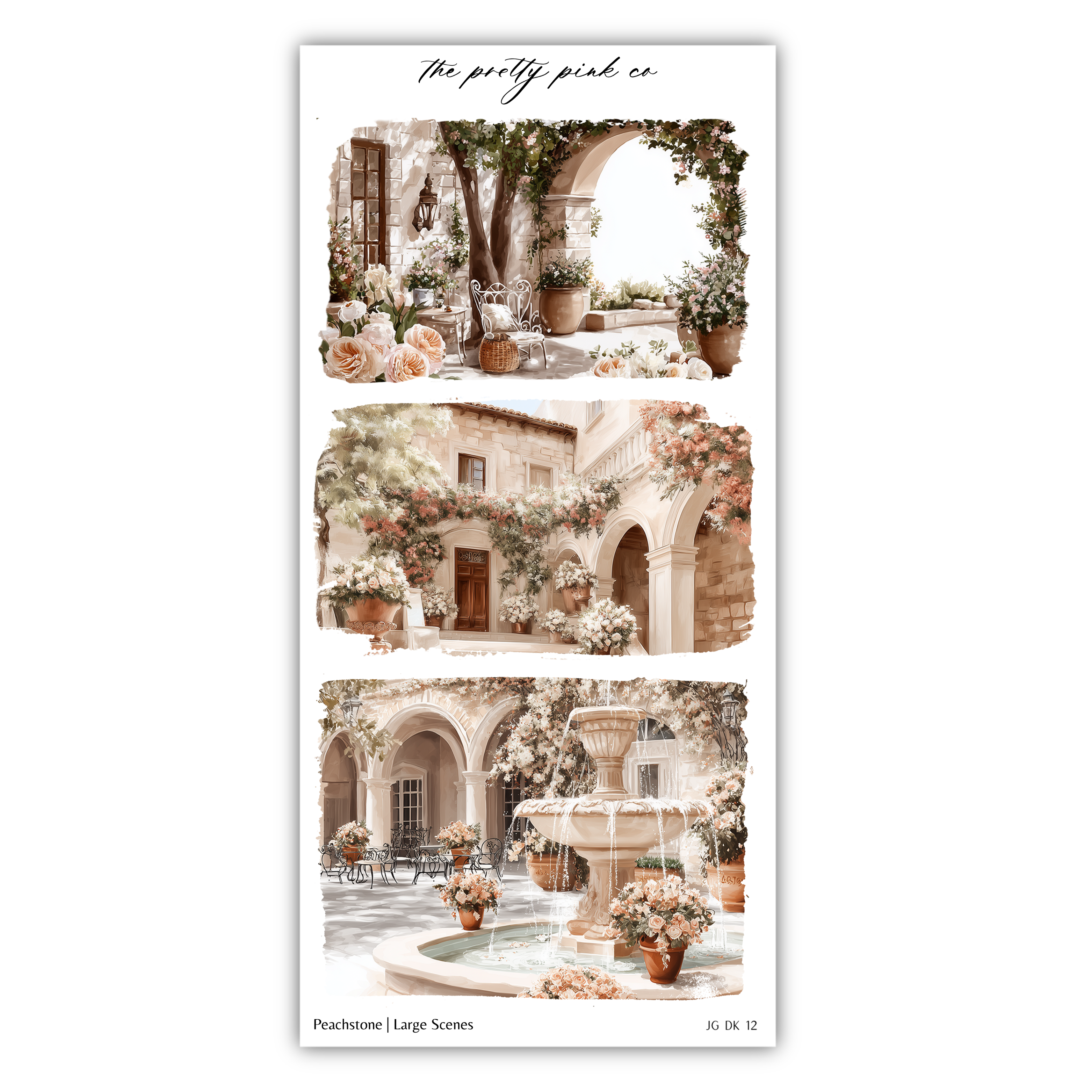 The image is a collage of three large-scale scenes depicting various architectural elements and floral arrangements.