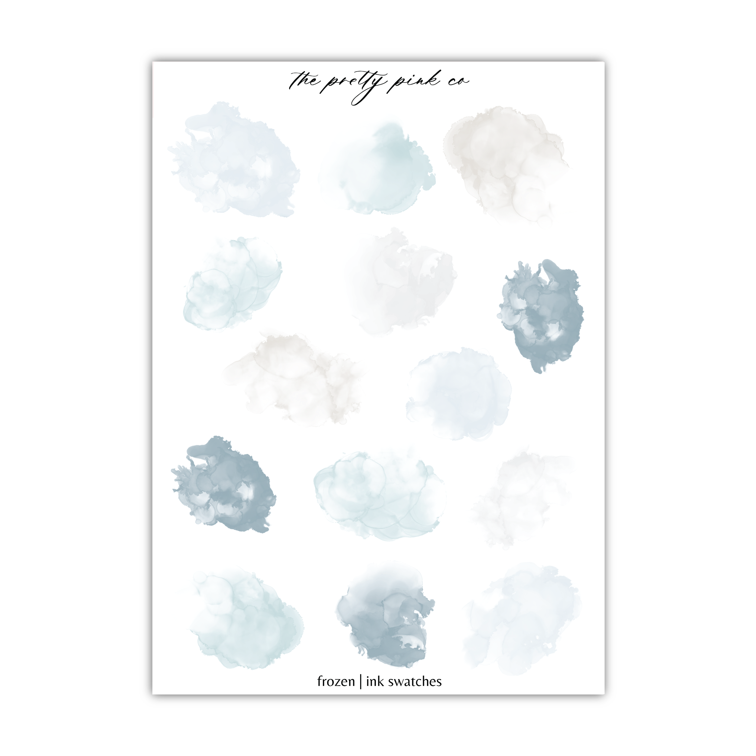 a white poster with blue and gray watercolor stains