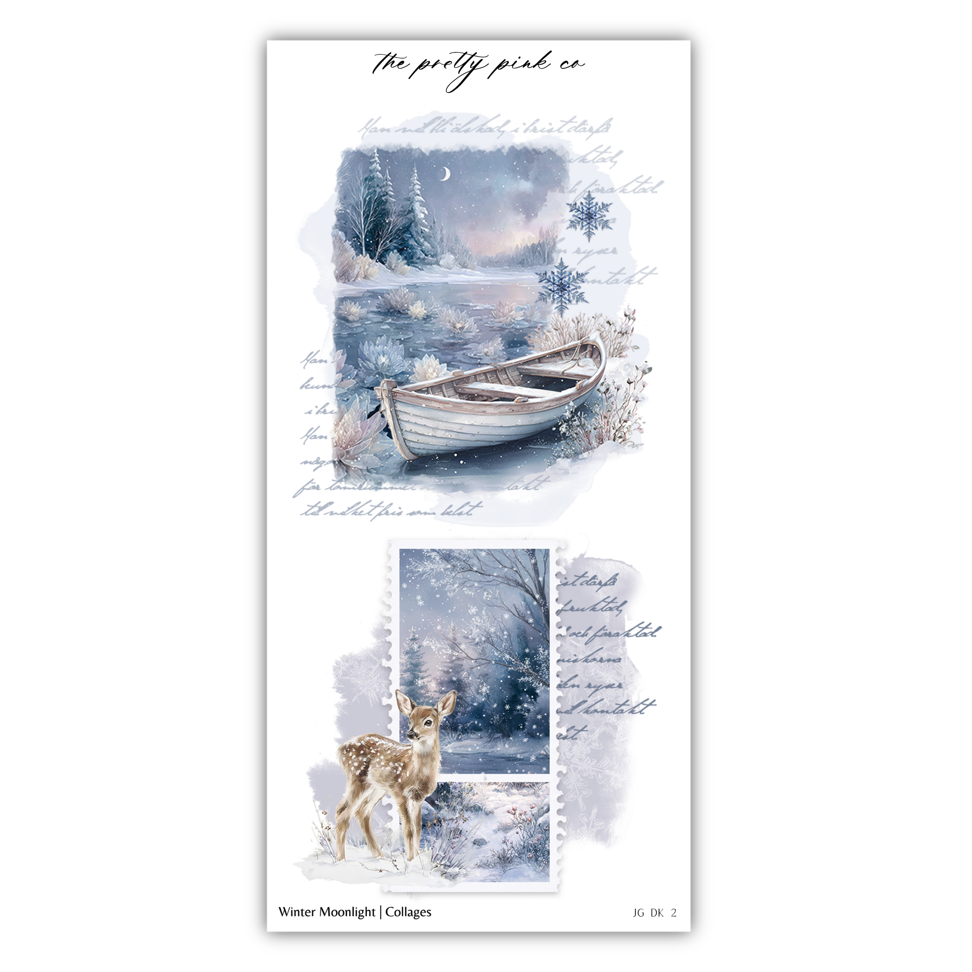 The image is a collage of two pictures depicting a serene winter scene. The top picture shows a boat on a frozen lake surrounded by snow-covered trees, while the bottom picture features a deer standing in the snow. The collage is titled "The pretty pink co" and includes handwritten text that describes the scene.