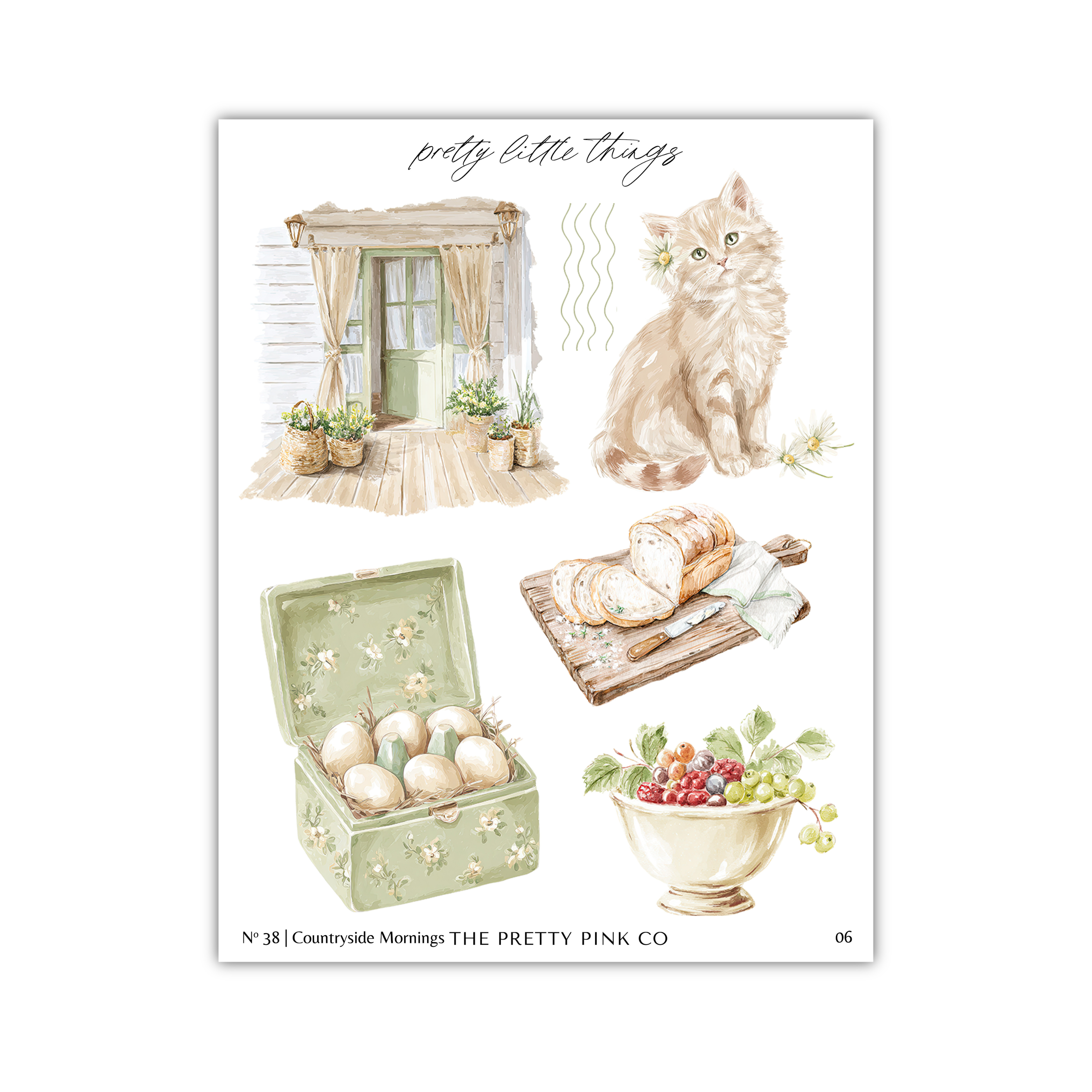 The image is a collage of various objects and scenes, including a house, a cat, a basket of eggs, a bowl of fruit, and a wooden cutting board.