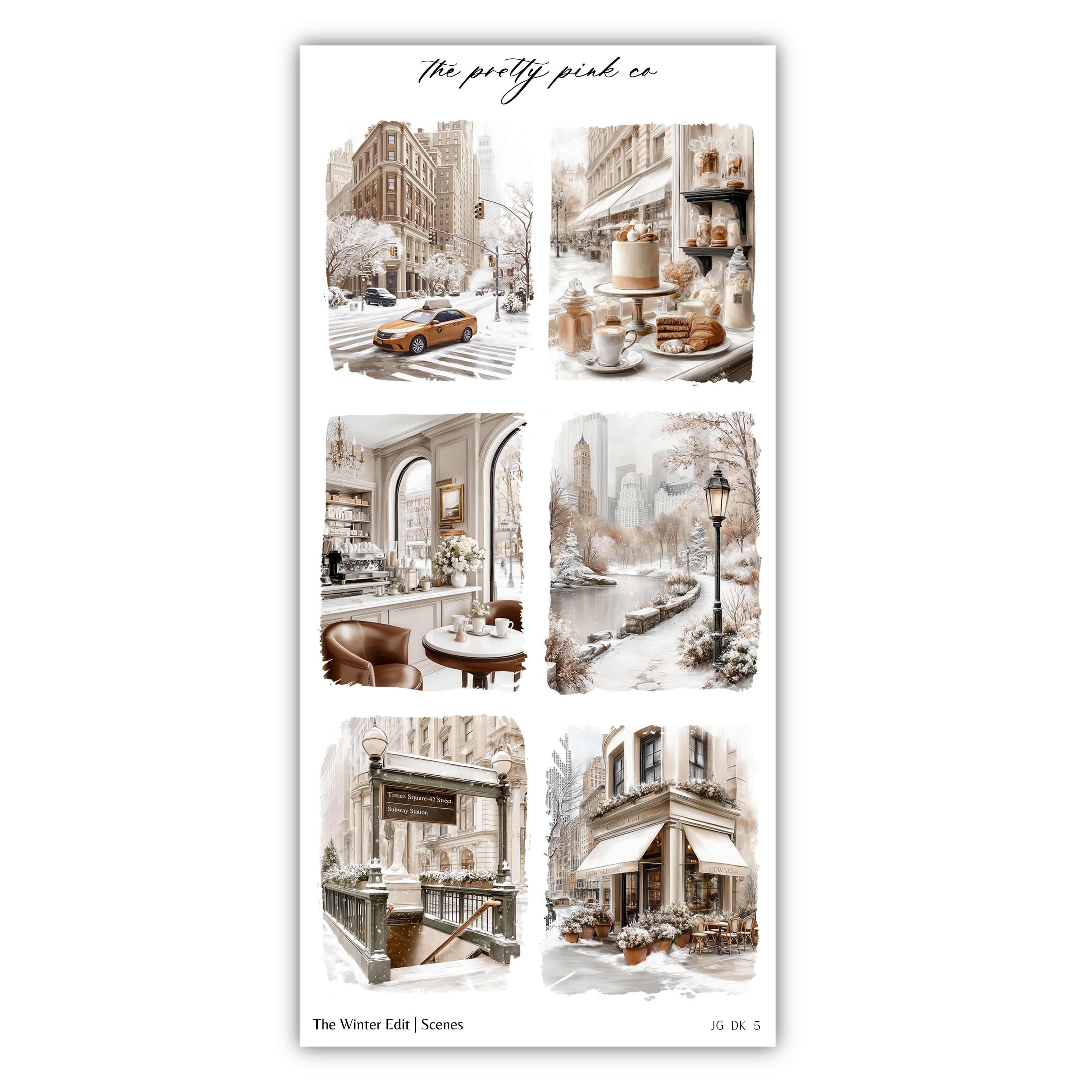 The image is a collage of six different scenes depicting various aspects of winter in a city, including buildings, street scenes, and outdoor spaces.