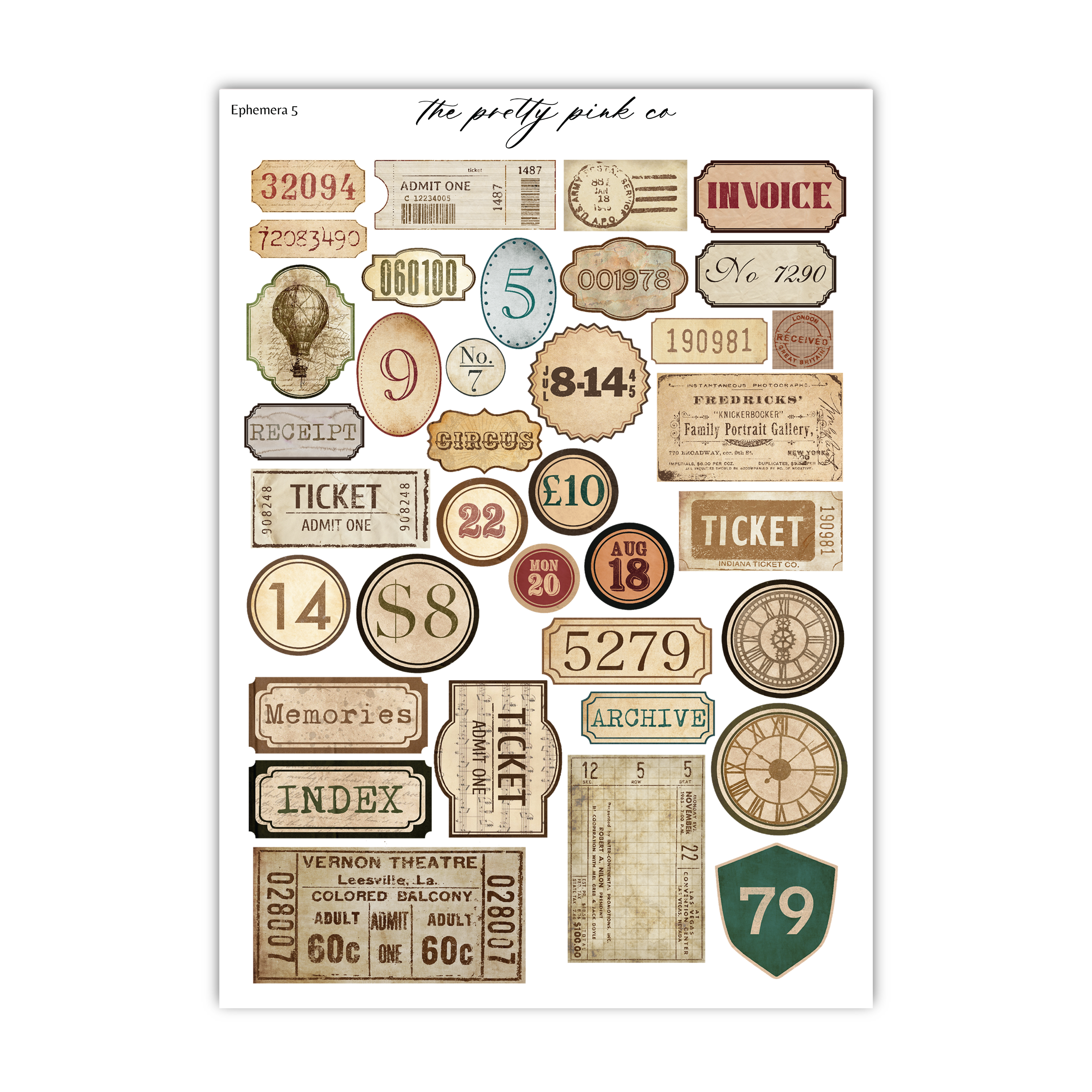 a collection of vintage-style labels and stickers, including ticket stubs, address labels, and other decorative elements, all with a vintage aesthetic.