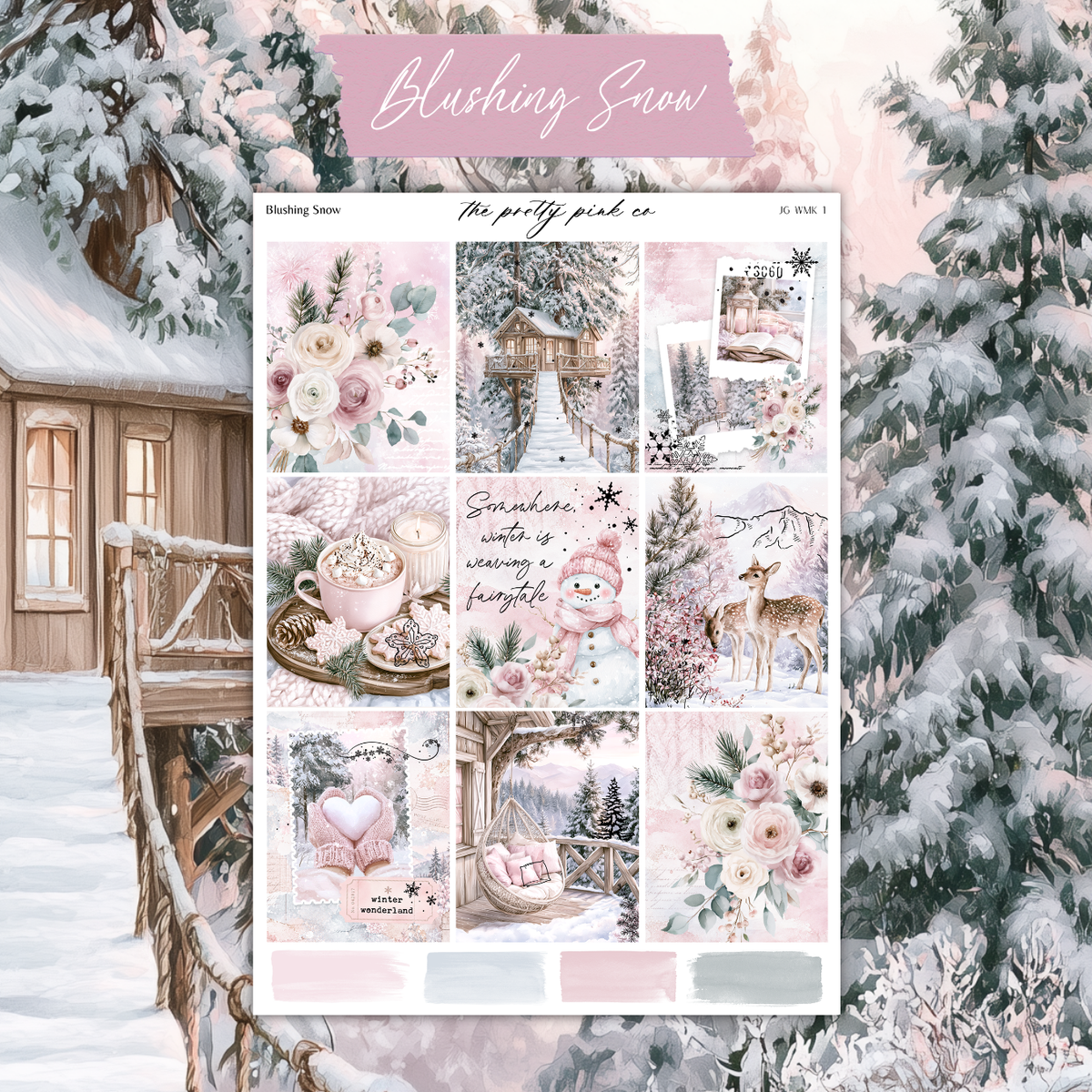 The image is a collage of various winter-themed images, including a snowy landscape, a cozy cabin, a snowman, and other winter-related scenes.