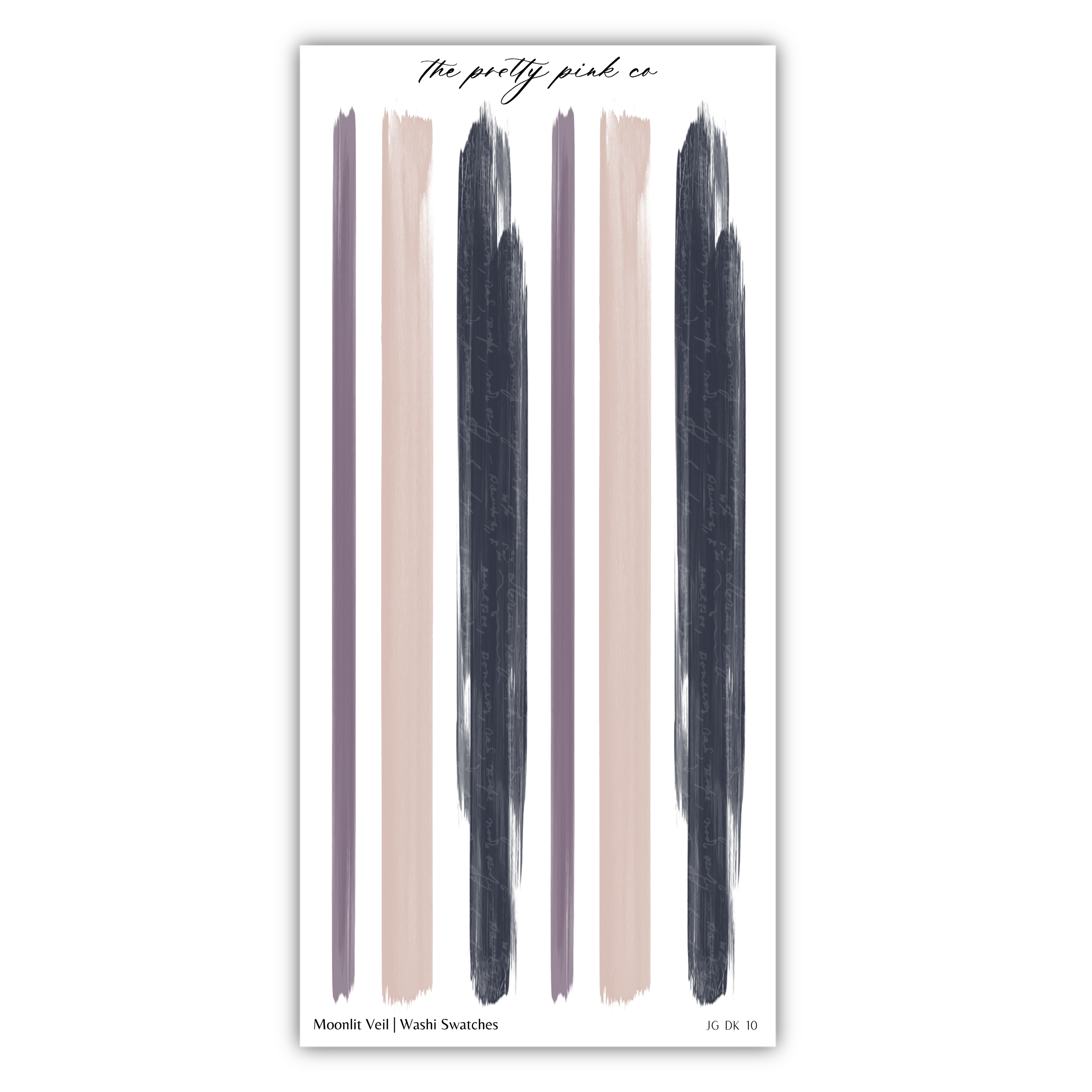 The image is a collage of abstract brushstrokes in various colors, including pink, black, and purple, arranged in a vertical line.