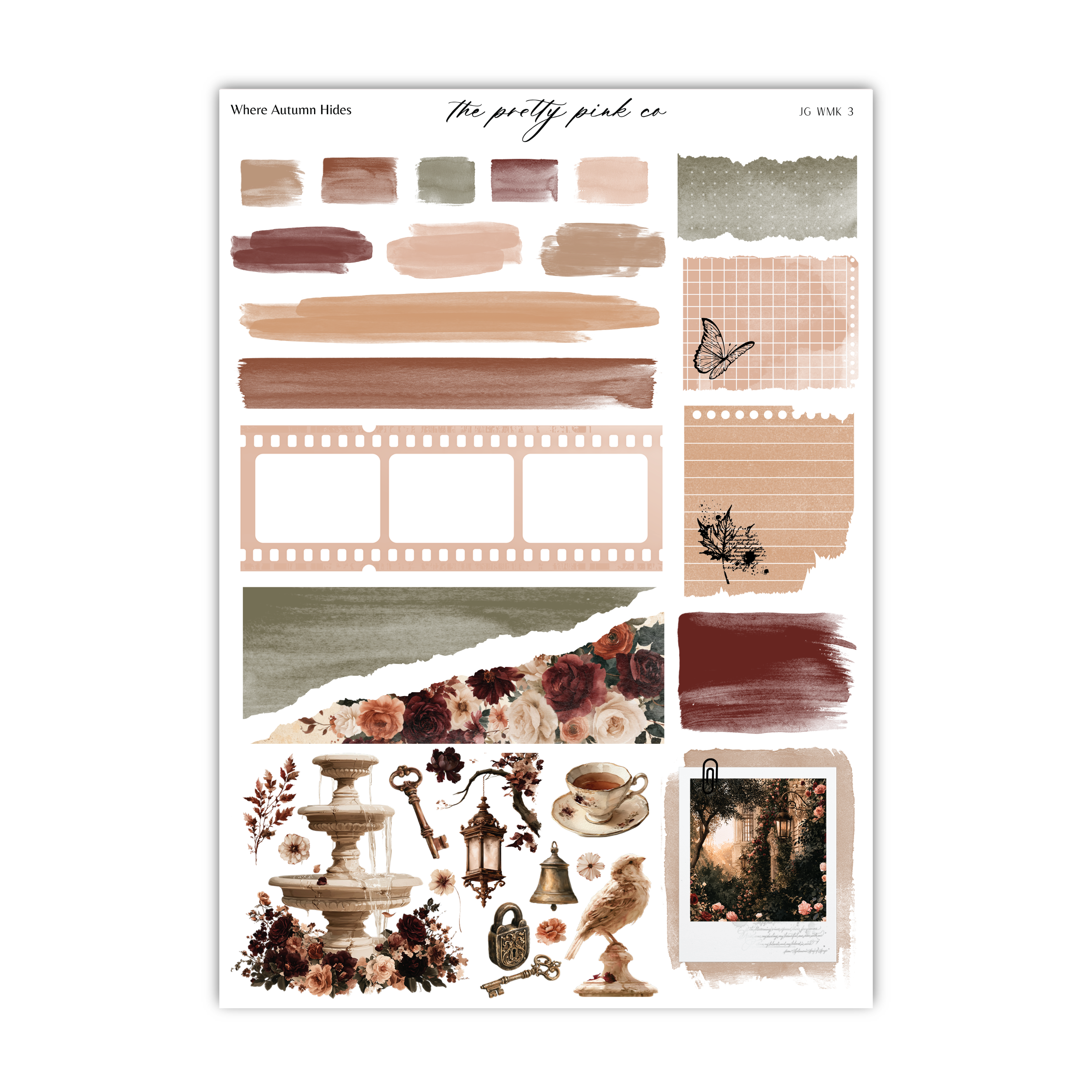 The image is a collage of various artistic elements, including a butterfly, a film strip, a teacup, a key, a bird, and a floral arrangement. The collage appears to be a collection of different textures, colors, and shapes, creating a visually interesting and diverse composition.