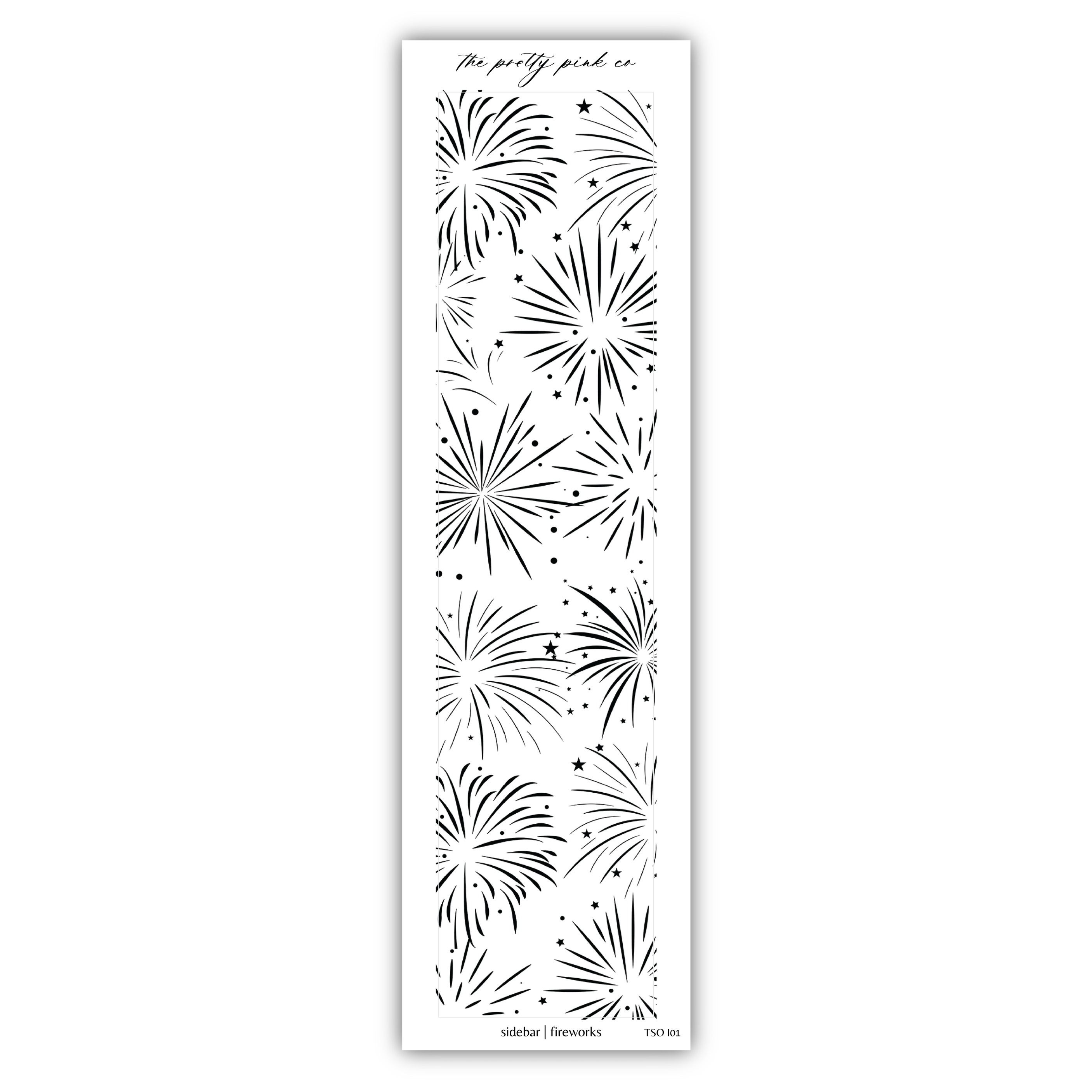 a white bookmark with black and white fireworks on it