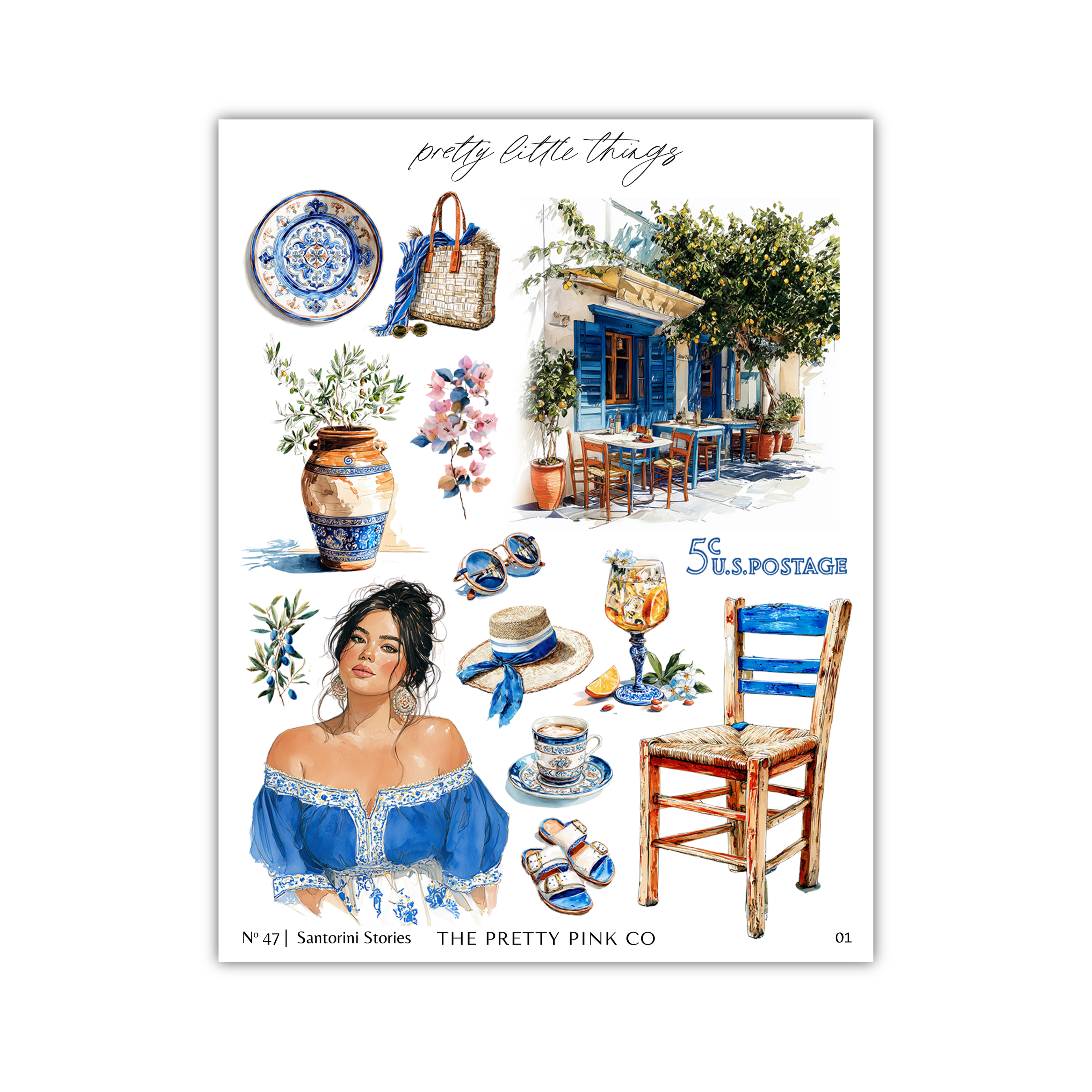 a painting of a woman in blue and white
