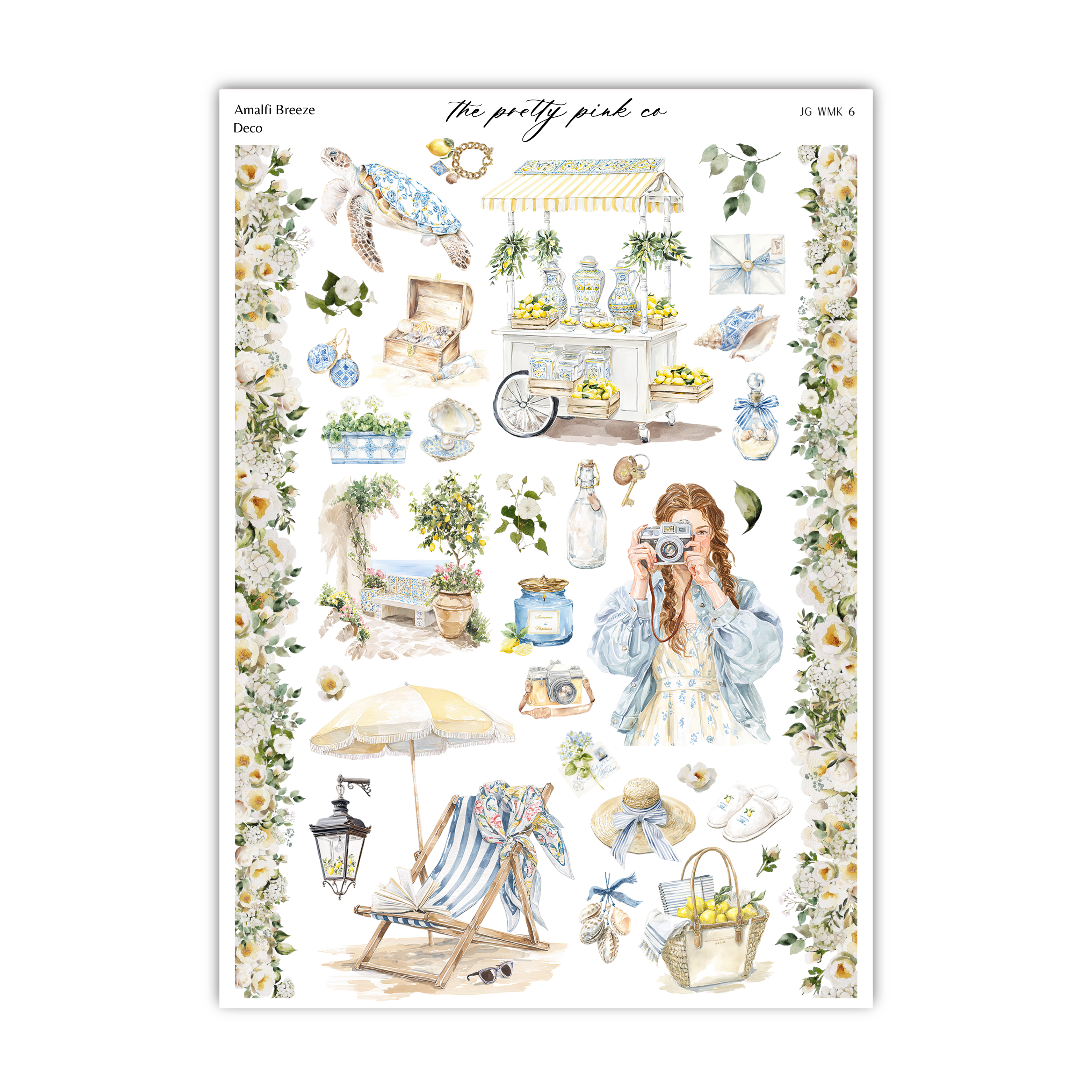The image is a collage of various decorative and beach-themed items, including a woman taking a photograph, a beach umbrella, a chair, flowers, and other beach accessories.