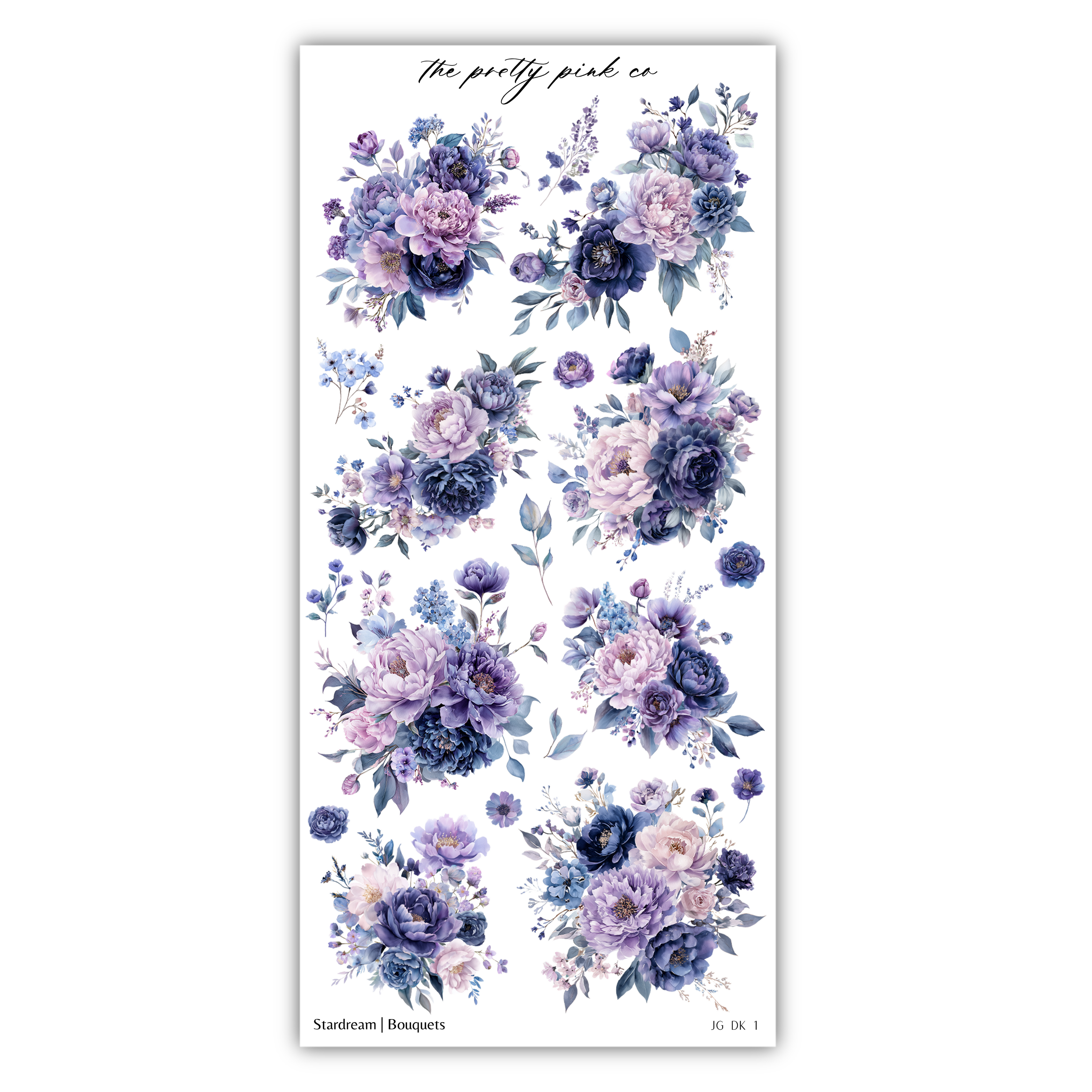 a collection of floral designs featuring various types of flowers, including peonies, roses, and other blooms in shades of purple and blue.
