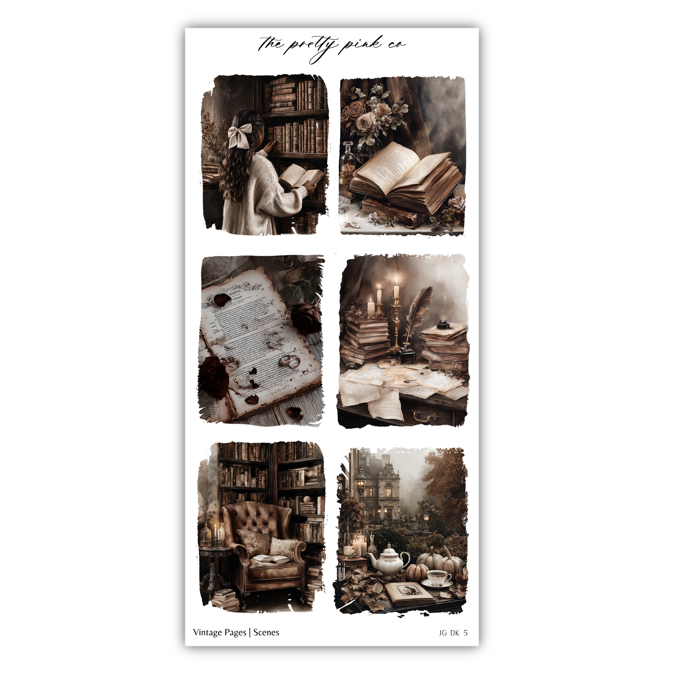 The image is a collage of six vintage-style photographs depicting scenes related to reading and literature, including a person reading a book, a bookshelf filled with books, and various books and objects associated with reading and writing.