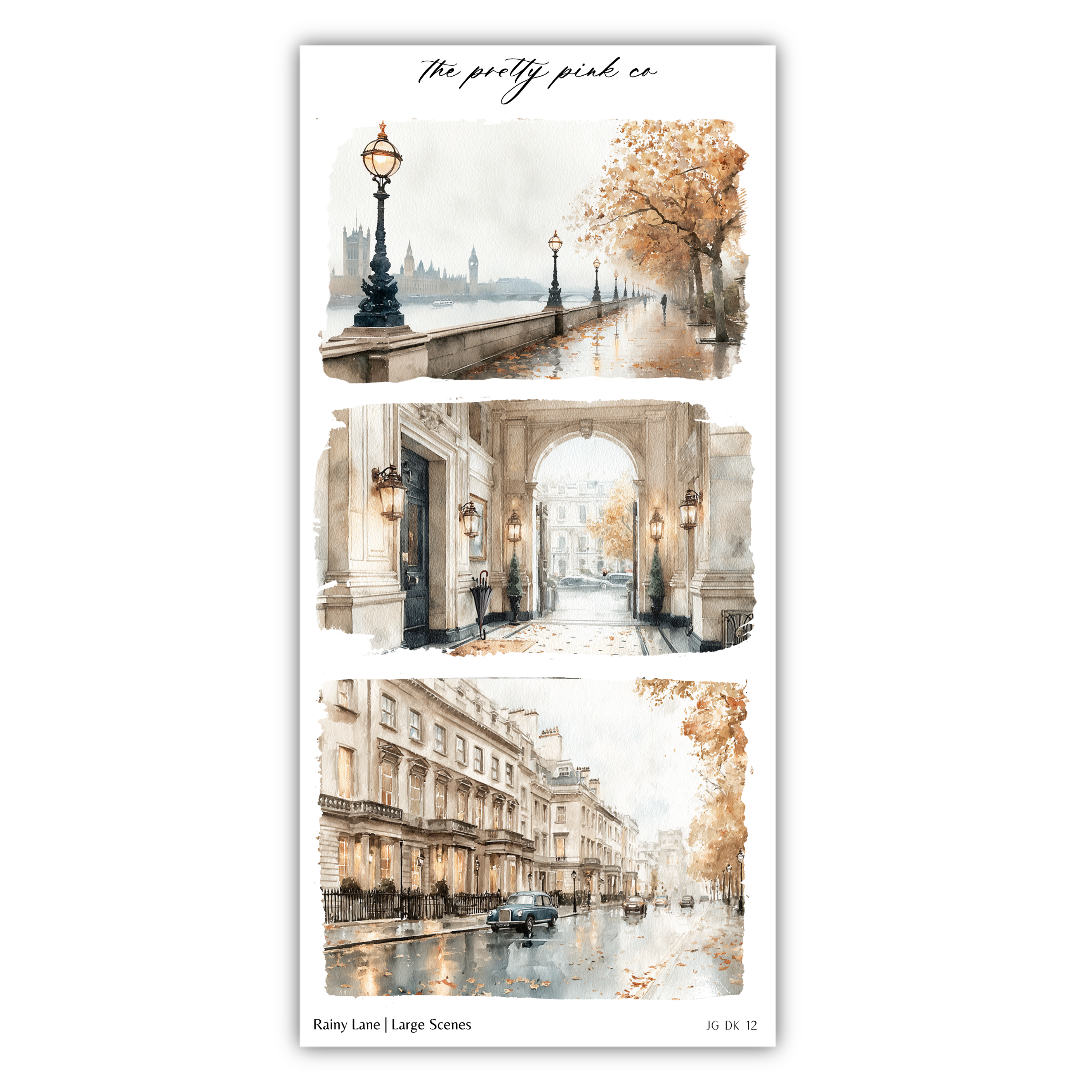 The image is a collage of three pictures depicting scenes from London, including a view of the River Thames, a street scene with ornate buildings, and a rainy street scene with reflections on the water.
